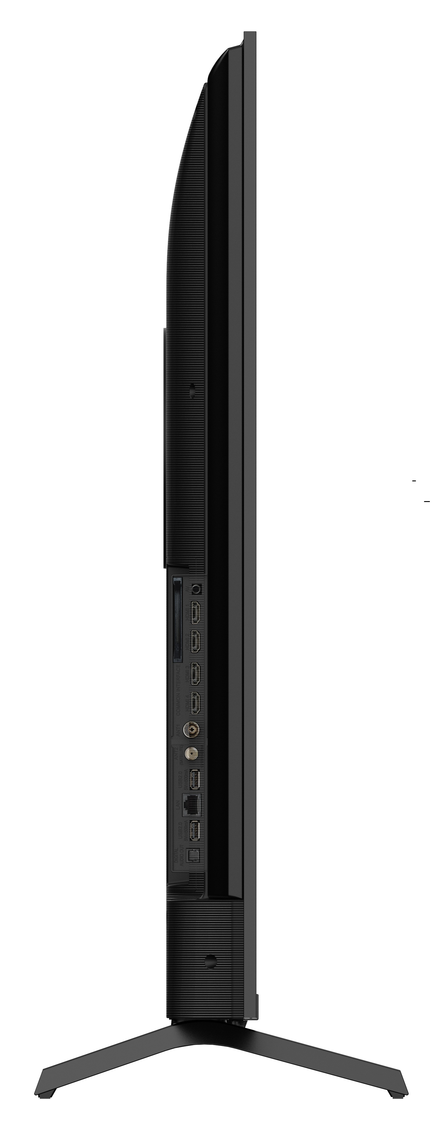 Widok z boku czarnego telewizora. Widoczne porty to HDMI, USB i LAN. Ma stojak.