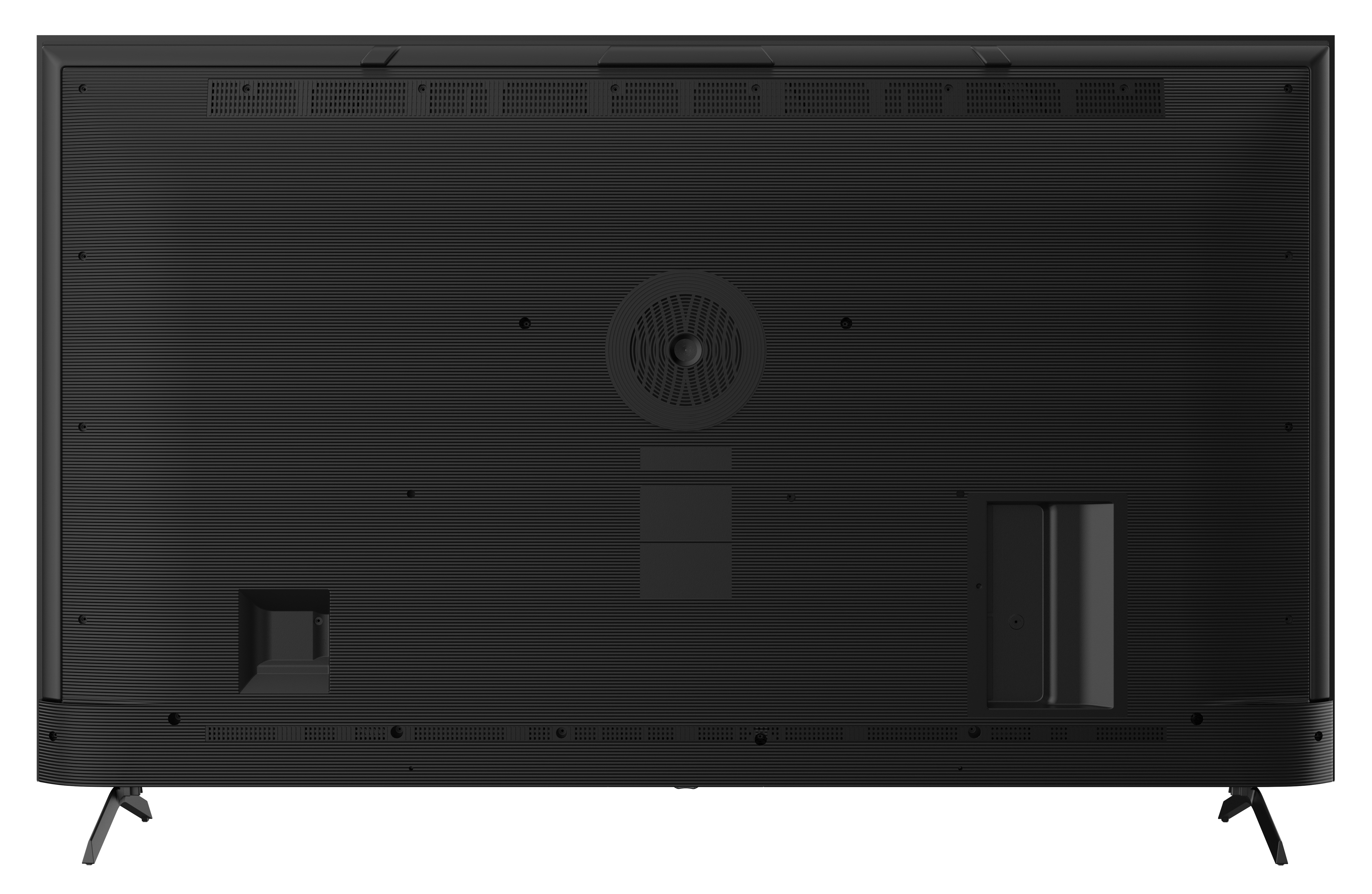 Tył czarnego telewizora z teksturowaną powierzchnią, kratkami wentylacyjnymi, portami i dwiema kątowymi nóżkami.