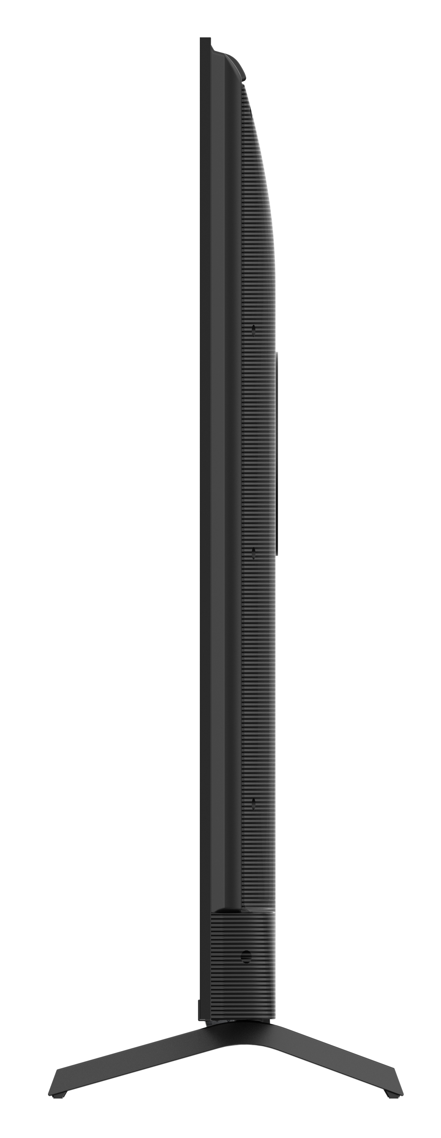 Widok z boku czarnego telewizora na białym tle. Telewizor ma podstawę. Z boku widać teksturowany tył.