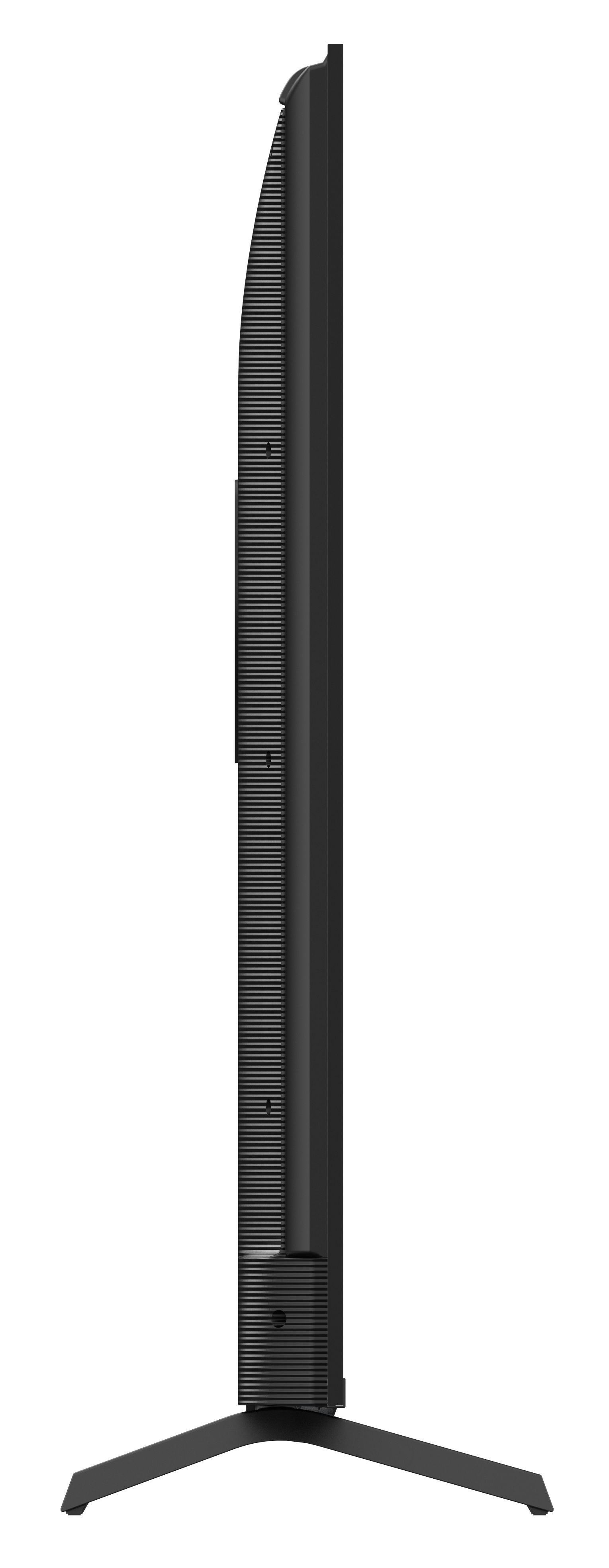 Widok z boku czarnego telewizora. Ekran jest czarny, ze stojakiem. Bok pokazuje teksturowaną powierzchnię i stojak.
