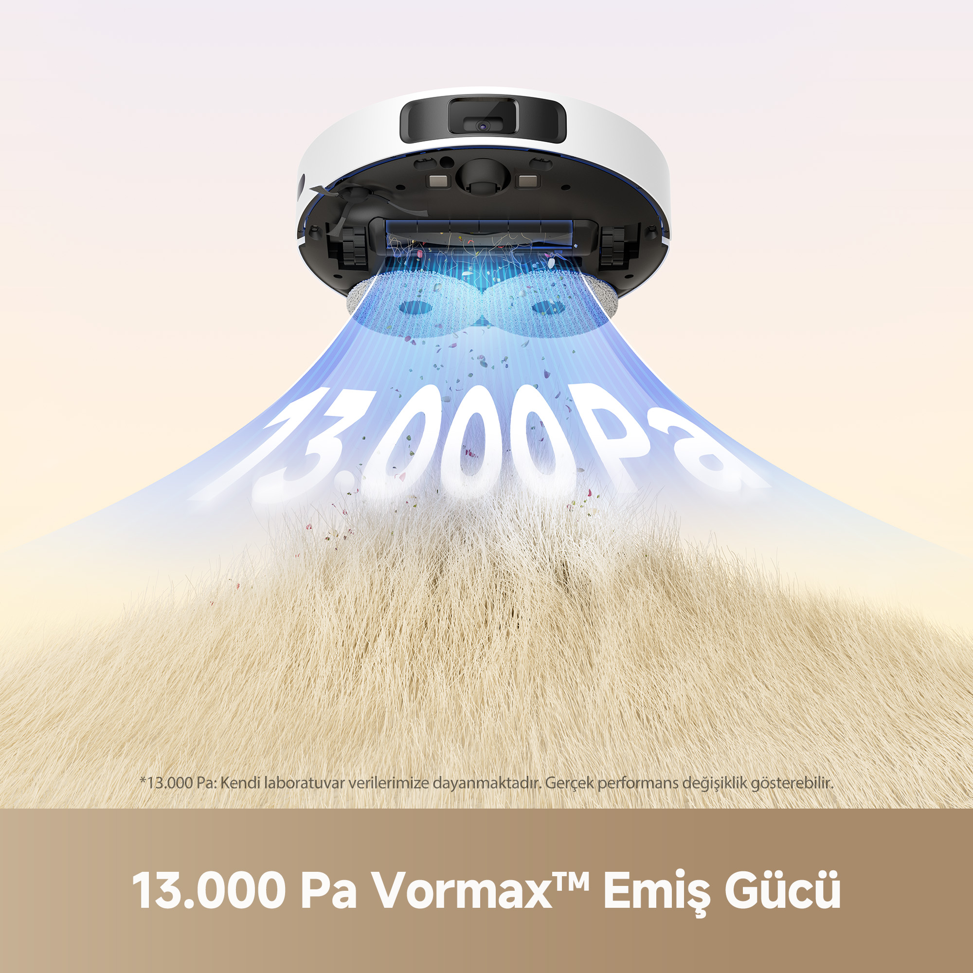 13.000 Pa emiş gücüne sahip bir robot süpürge halıyı temizliyor. 13.000 Pa Vormax Emiş Gücü metni görüntüleniyor.