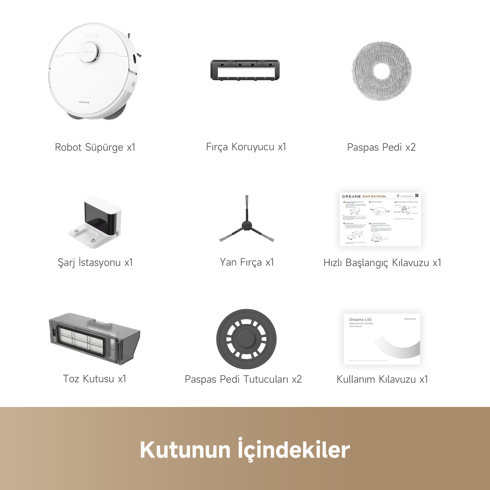Görüntüde bir robot süpürge ve paspas kiti görülüyor. Süpürge, fırça koruyucu, pedler, şarj istasyonu, yan fırça, kılavuzlar ve toz kutusu içerir.