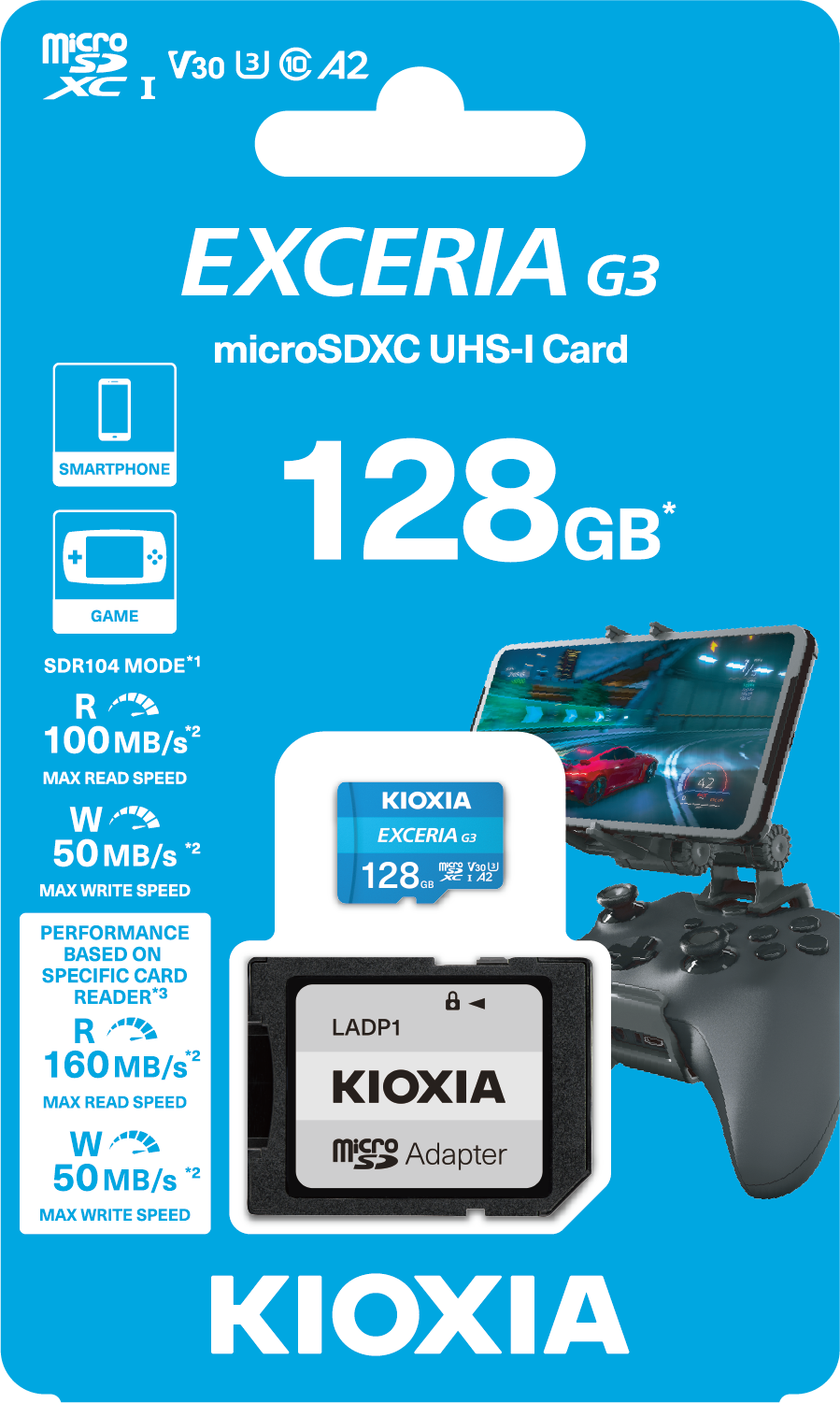 128 GB kapasiteli bir KIOXIA Exceria G3 microSDXC kartı. Bir adaptör, telefon ve oyun illüstrasyonları ve bir oyun kumandası içerir.
