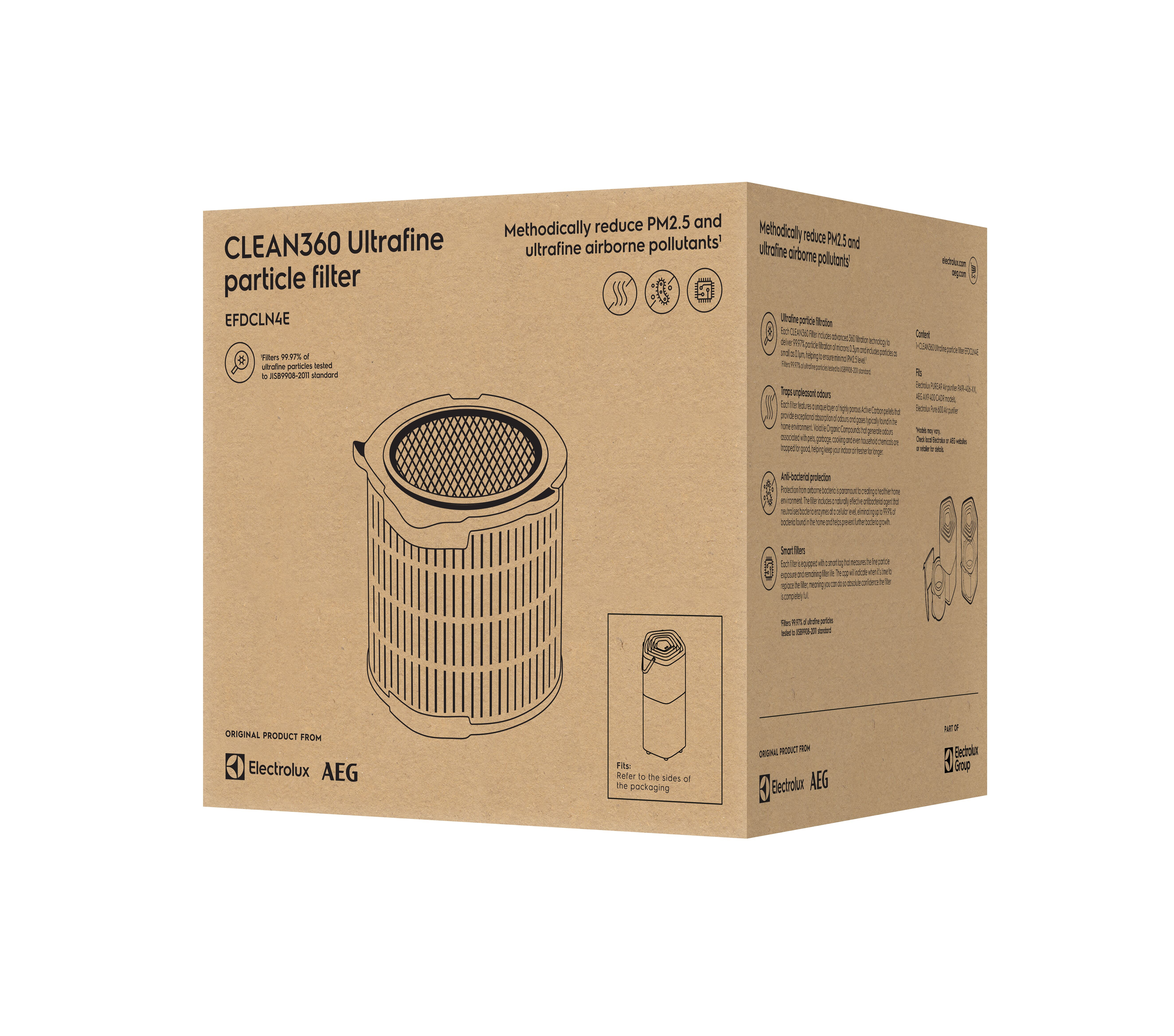 Hava filtresi şeması olan karton kutu. Metin 'CLEAN360 Ultrafine particle filter' yazıyor.