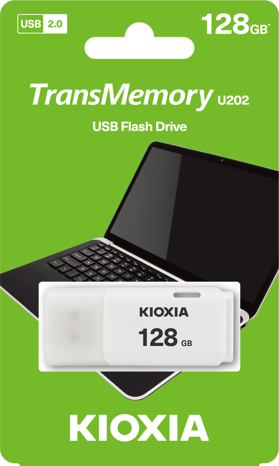 Dizüstü bilgisayar ve beyaz USB sürücüsü ile yeşil arka plan. Metin: 'TransMemory', 'KIOXIA' ve '128 GB'.