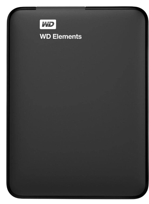 Siyah WD Elements taşınabilir sabit disk. Beyaz WD logosu ve metni. Yuvarlak köşeler. Siyah arka plan.