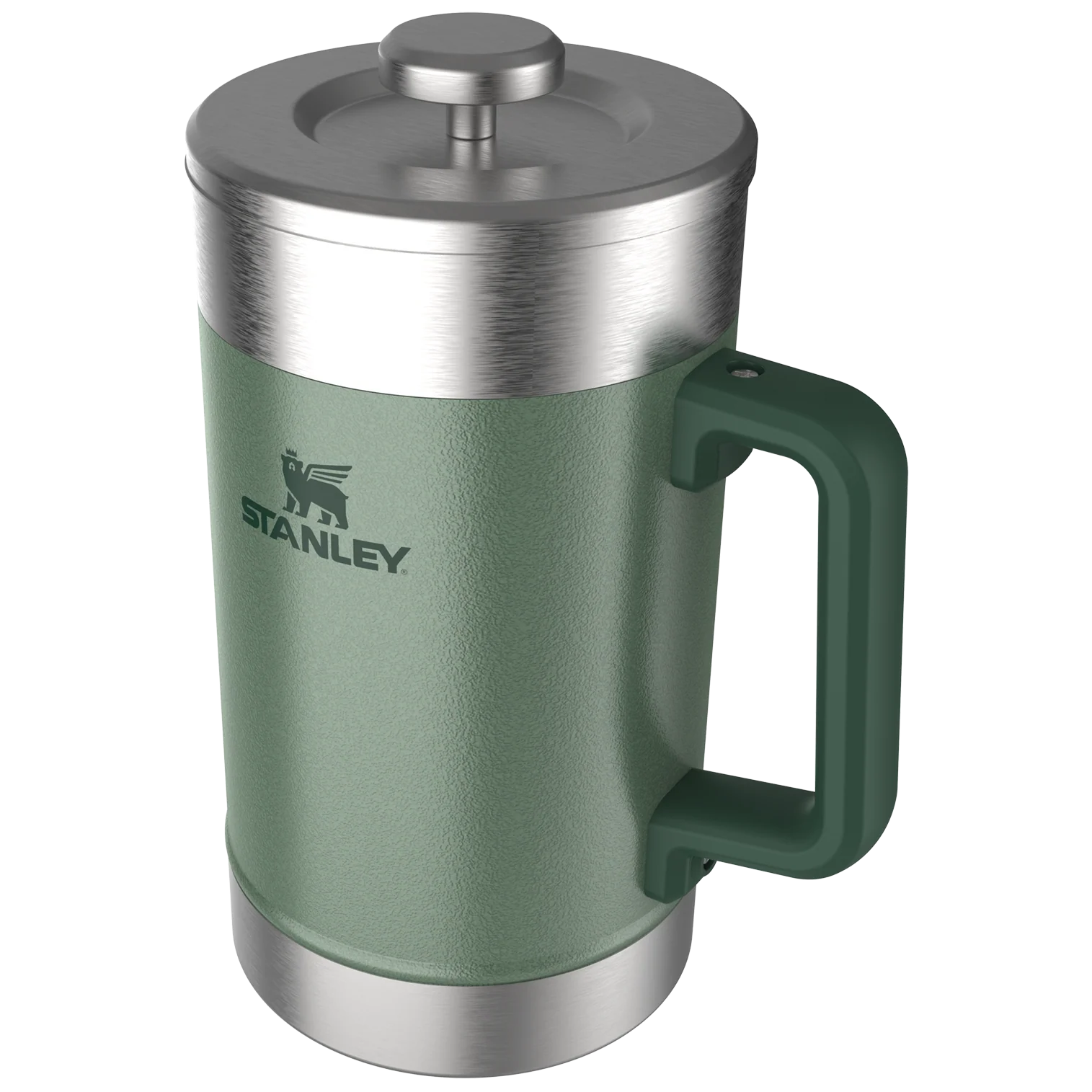 Gümüş kapaklı ve saplı yeşil bir Stanley termos. Stanley logosu yan tarafta görülebilir. Sap da yeşildir.