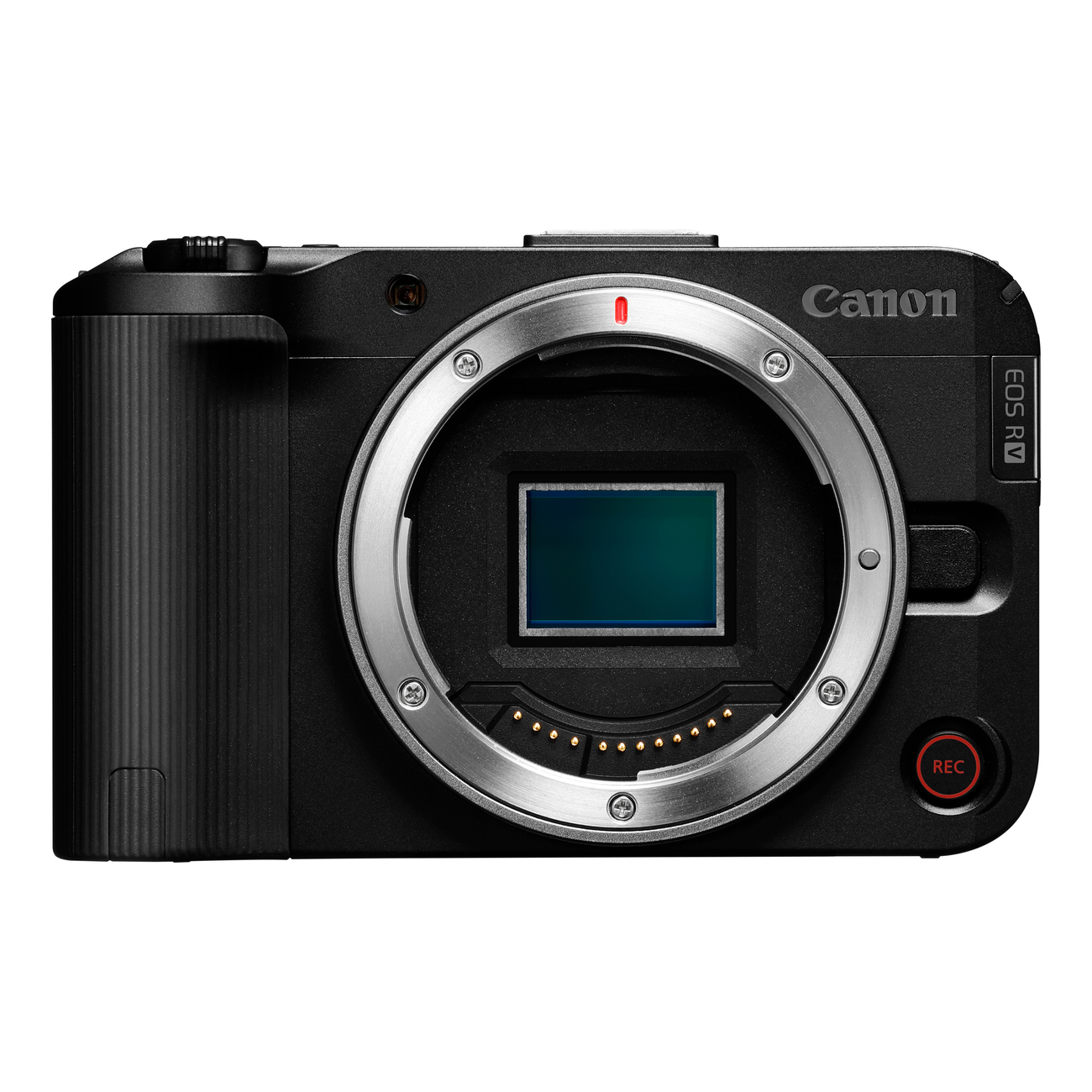 Siyah Canon EOS R fotoğraf makinesi. Gümüş lens yuvası ve koyu yeşil sensör. Kırmızı REC düğmesi. Canon logosu görülüyor.