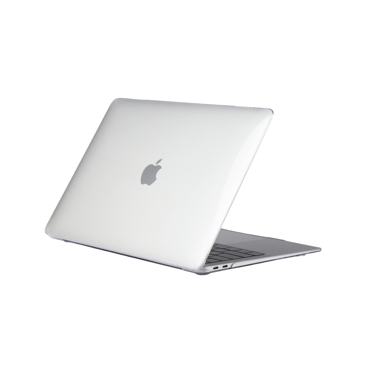Beyaz bir MacBook dizüstü bilgisayar açık, Apple logosu ile arkası görünüyor. Arka plan düz siyah.
