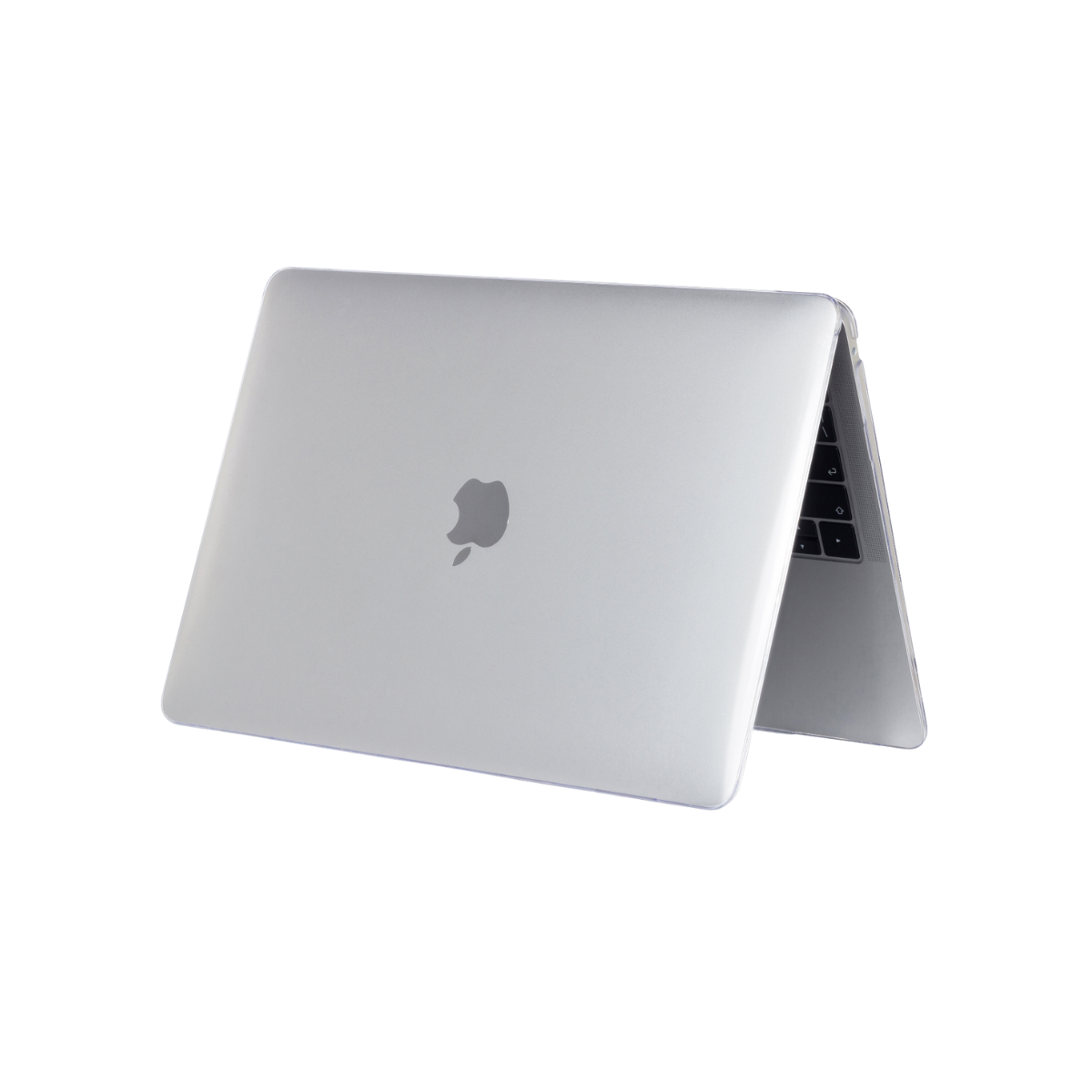 Gümüş bir MacBook dizüstü bilgisayar açık. Apple logosu görünür durumda. Klavye kısmen görülüyor.