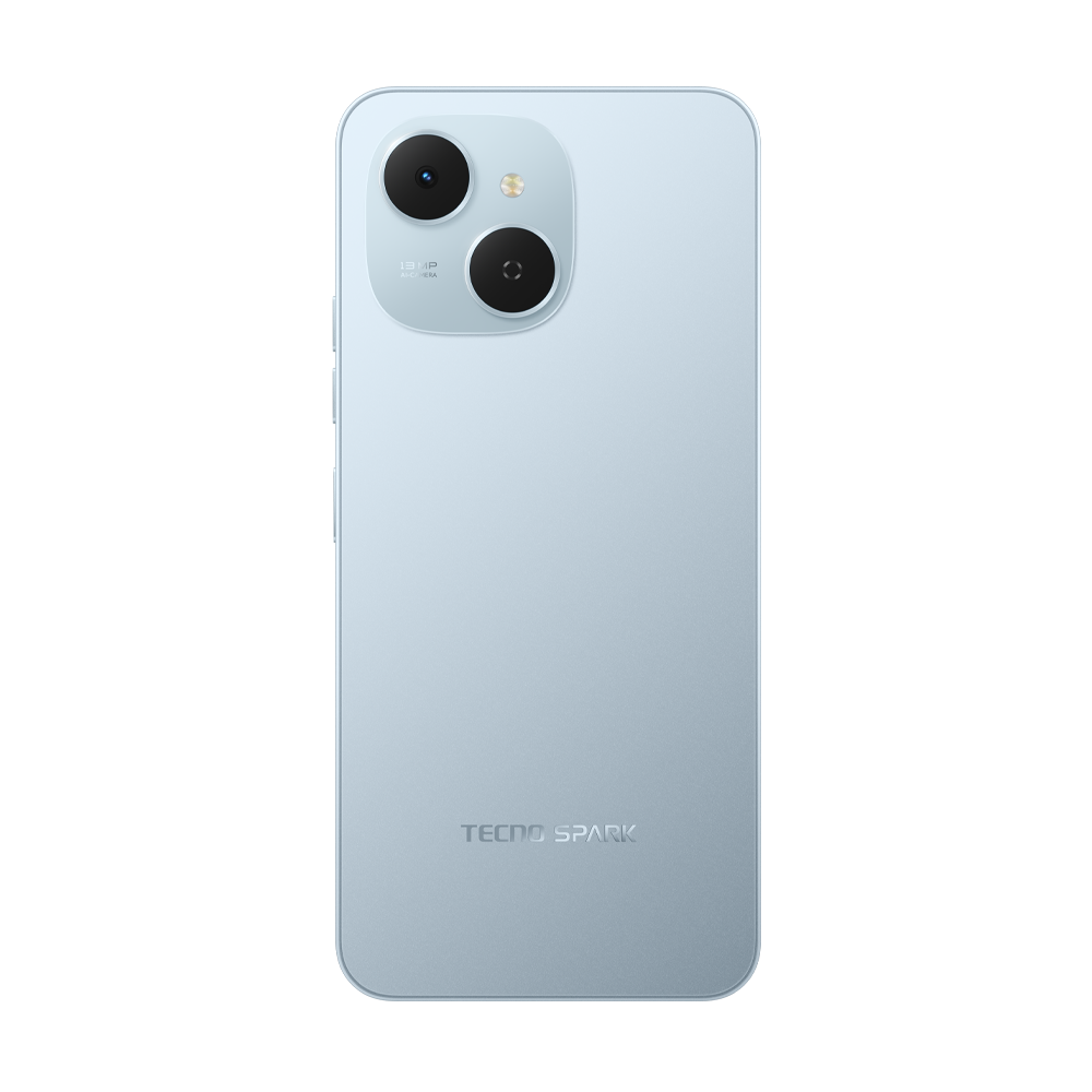 Çift kameralı ve flaşlı, açık mavi bir akıllı telefonun arkası, TECNO SPARK markası. Telefon beyaz bir arka plan üzerinde.