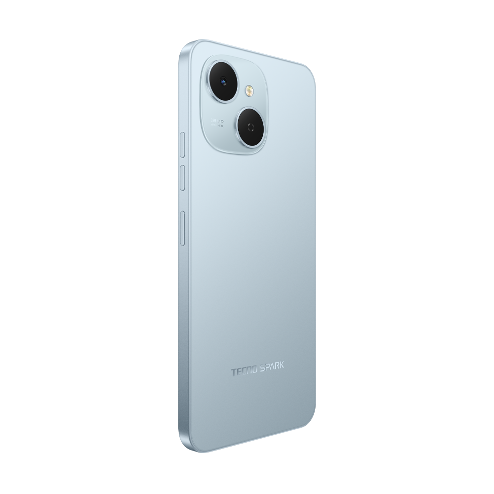 Hafif açılı, açık mavi bir akıllı telefon. İki arka kamerası var. Marka adı, TECNO SPARK, altta bulunuyor.
