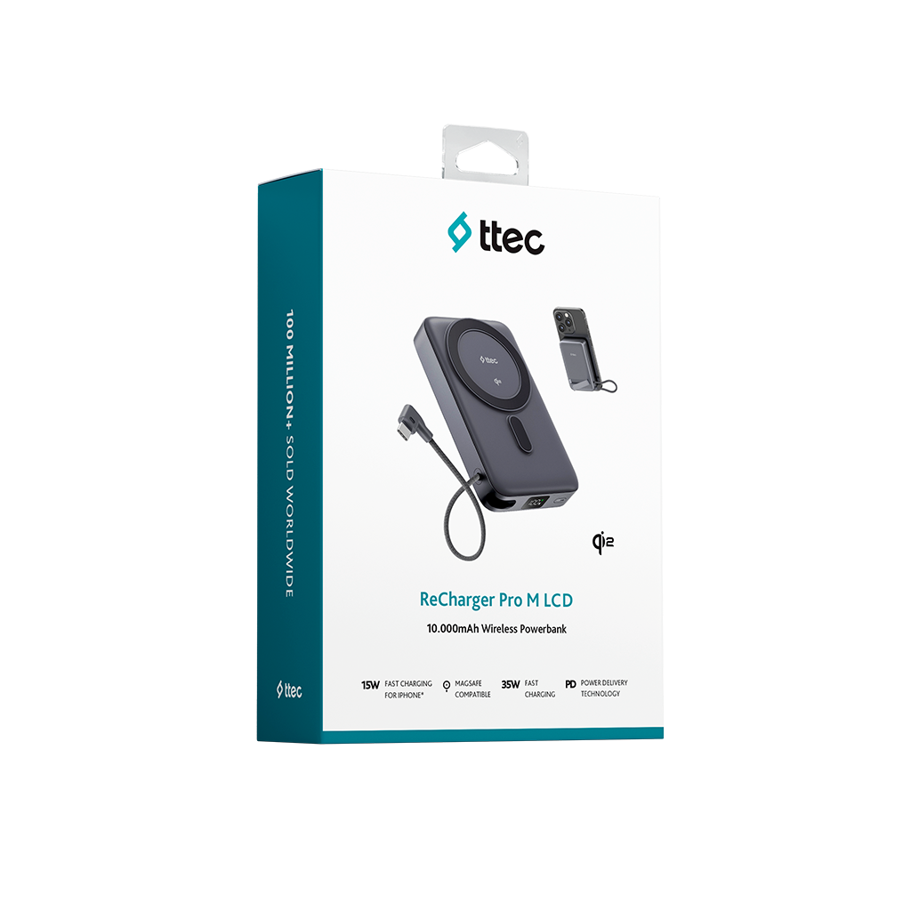 'ReCharger Pro M LCD' powerbank'i için ürün kutusu. Koyu gri bir powerbank, bir iPhone ve metin etiketleri içerir.