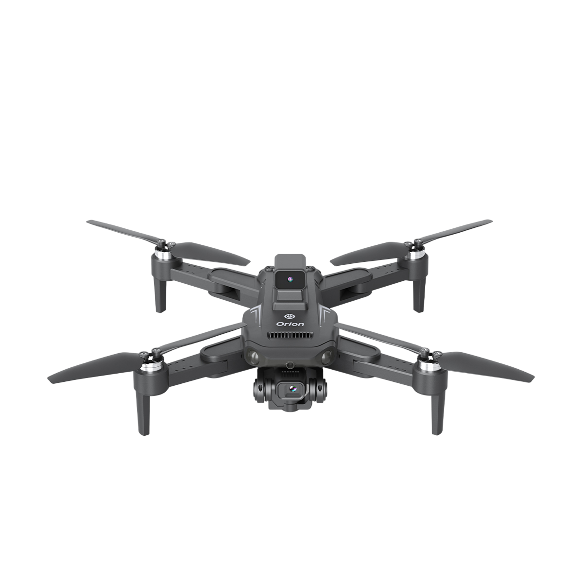 Siyah zemin üzerinde dört pervaneli, kameralı ve merkezi gövdeli gri bir Orion drone.
