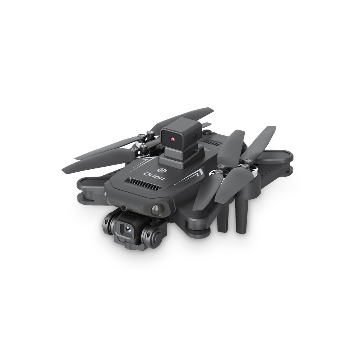 Beyaz bir arka plan üzerinde dört pervaneli, iki kameralı ve merkezi kamera yuvalı siyah bir Orion drone.