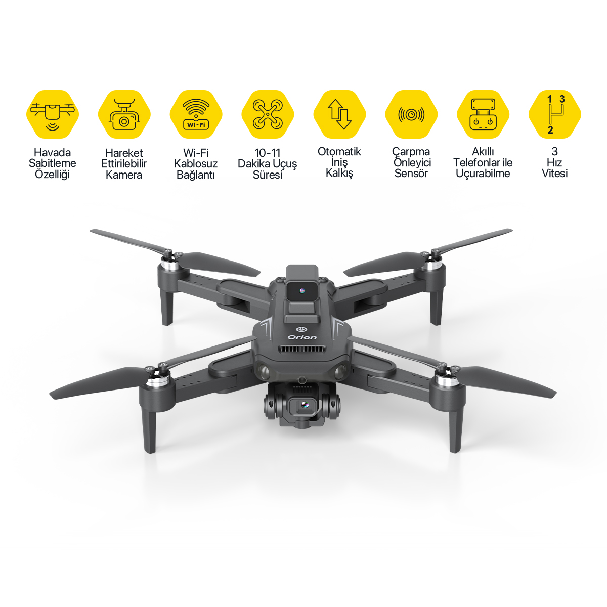 Siyah pervanelere sahip gri bir drone, Wi-Fi ve kamera gibi özellikleri gösteren üstteki simgelerle beyaz bir yüzeye ortalanmıştır.