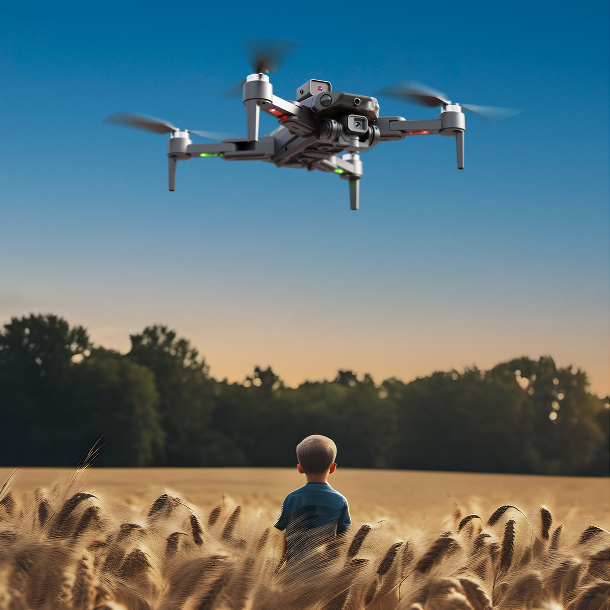 Bir çocuk, gökyüzünde bir drone'a bakan bir buğday tarlasında duruyor. Arka planda ağaçlar ve gradyan bir gökyüzü görülüyor.