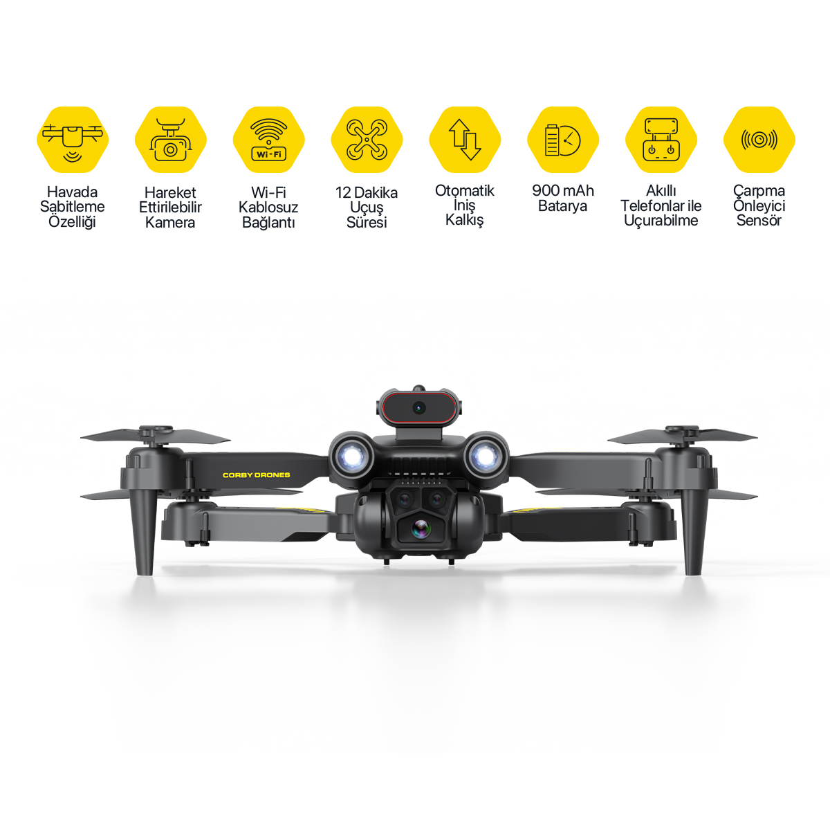 Sarı detaylara sahip siyah bir drone. Özellikler: kamera, Wi-Fi, 12 dakika uçuş, otomatik iniş, 900mAh pil ve engel sensörü.