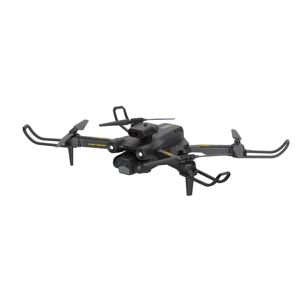 Dört pervaneli siyah bir drone, kamera ve şık bir tasarıma sahip, beyaz bir arka plan üzerinde gösteriliyor.