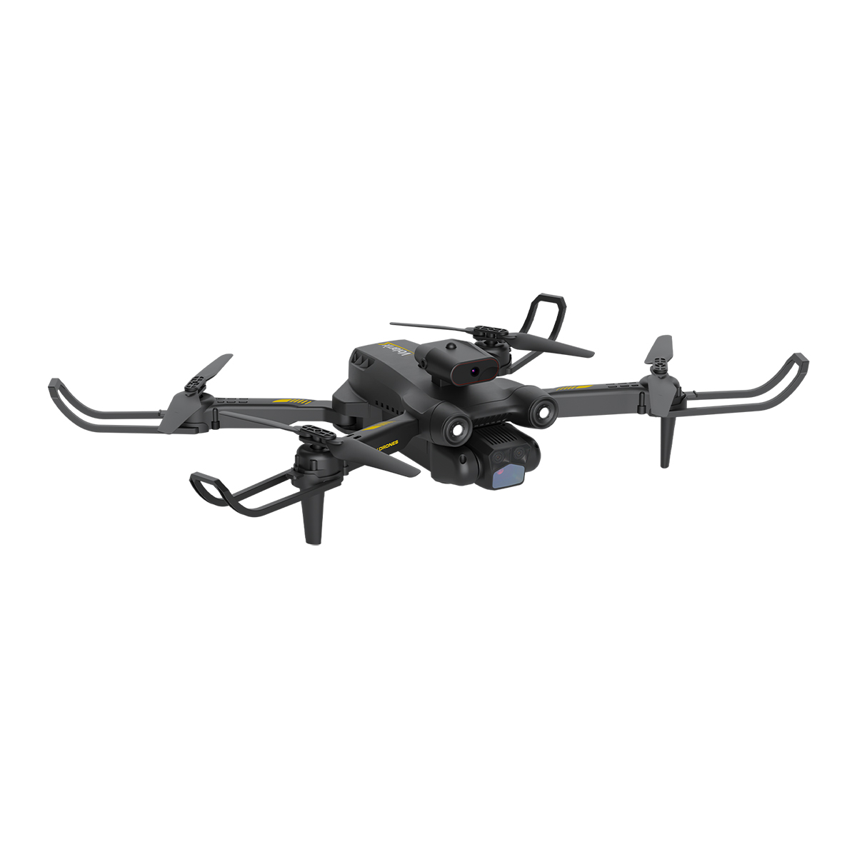 Dört pervaneli, kameralı ve iniş takımlı siyah bir drone, beyaz bir arka plan üzerinde. Nötr, merkezlenmiş kompozisyon.