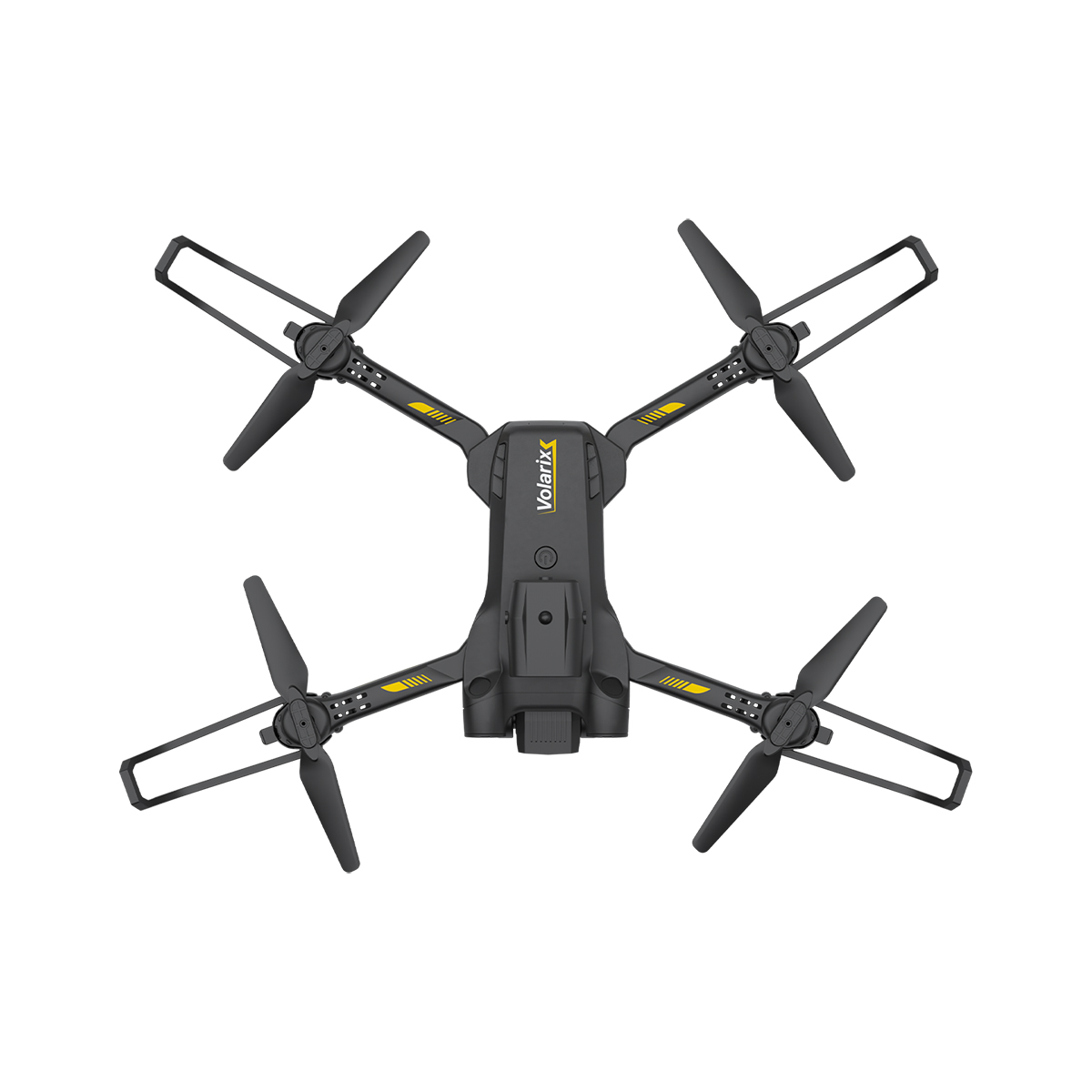 Dört pervaneli siyah bir drone, 'Volarix' etiketli. Sarı çizgiler kolları vurgular. Arka plan beyazdır.
