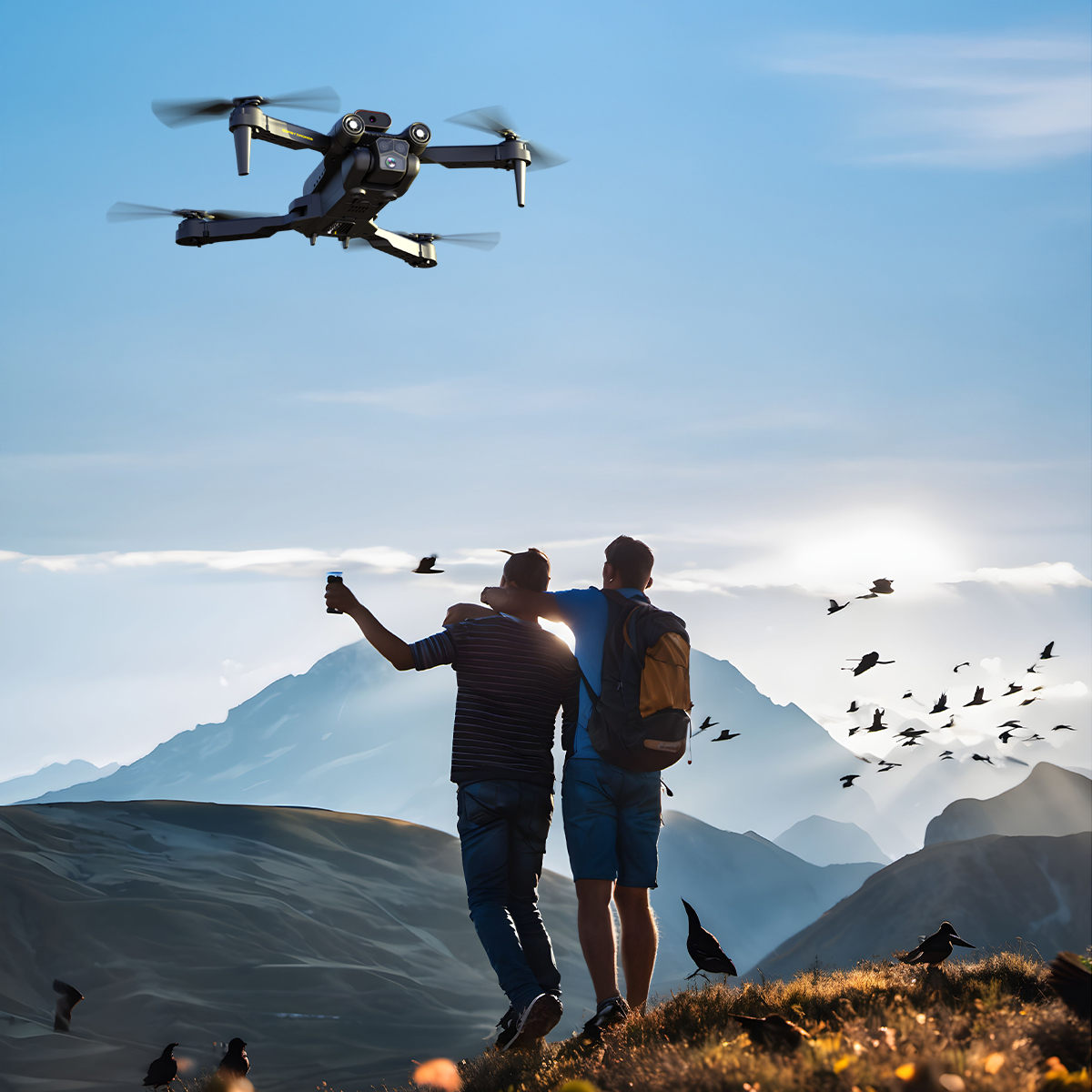 Dağda iki adam bir drone hayranlıkla bakıyor. Kuşlar uçuyor, arka planda dağlar ve güneş bulutların arasından parlıyor.