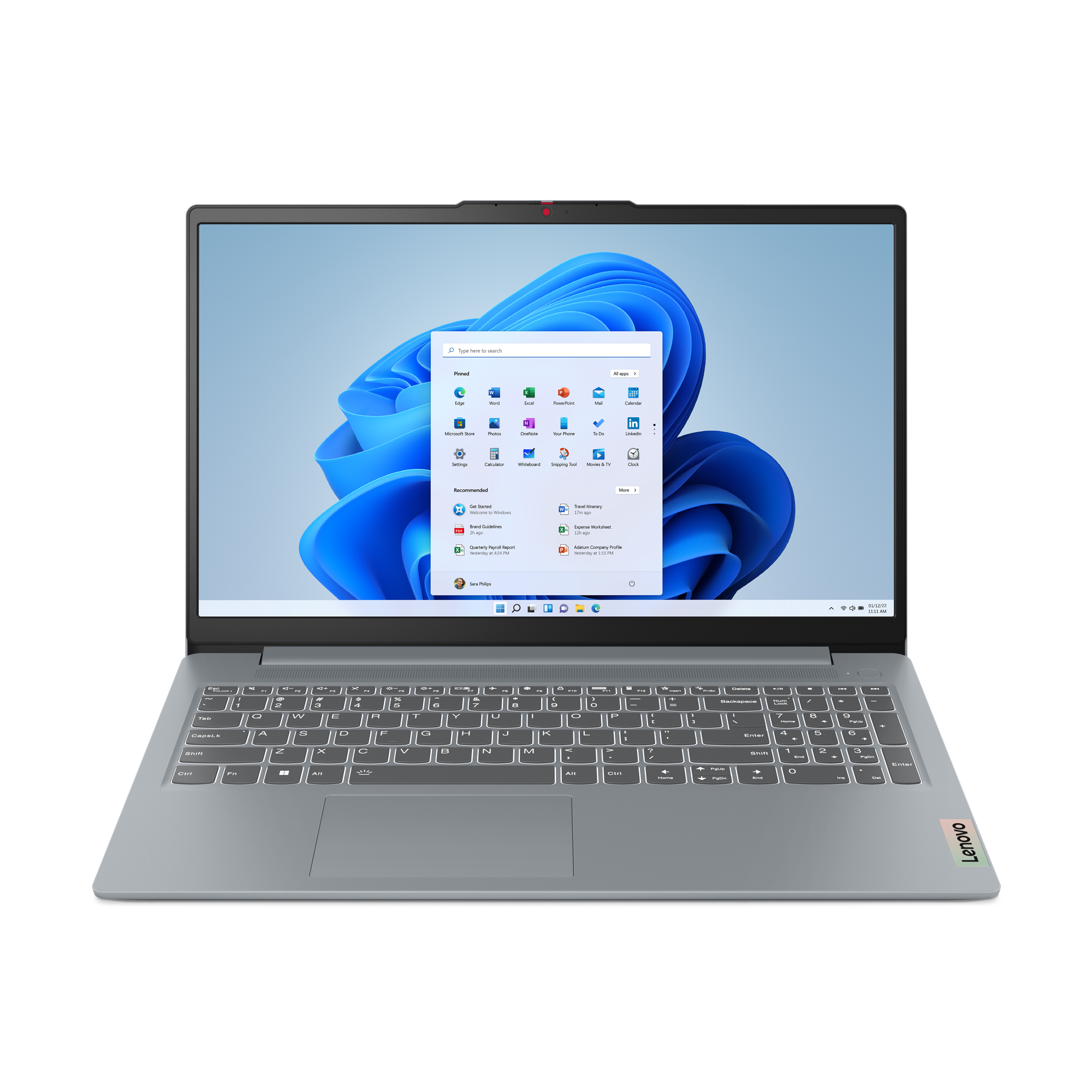 Bir Lenovo dizüstü bilgisayar açık, çeşitli uygulama simgeleri ve mavi, dönen bir arka plan ile Windows 11 arayüzünü gösteriyor.