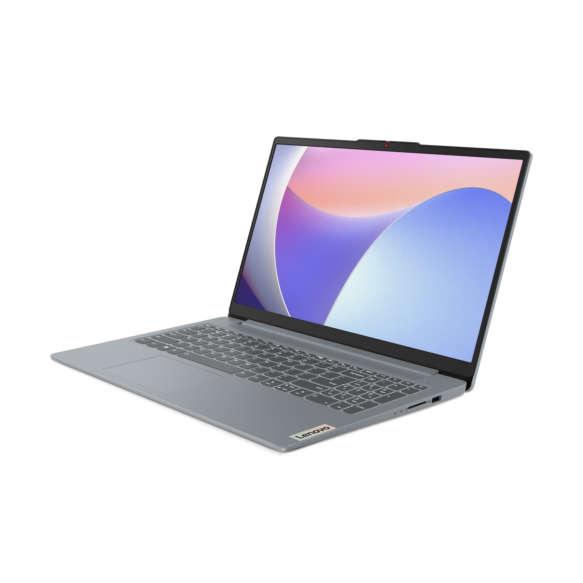Gri bir Lenovo dizüstü bilgisayar beyaz bir yüzeyde açık. Ekran, renkli bir soyut görüntü gösteriyor.