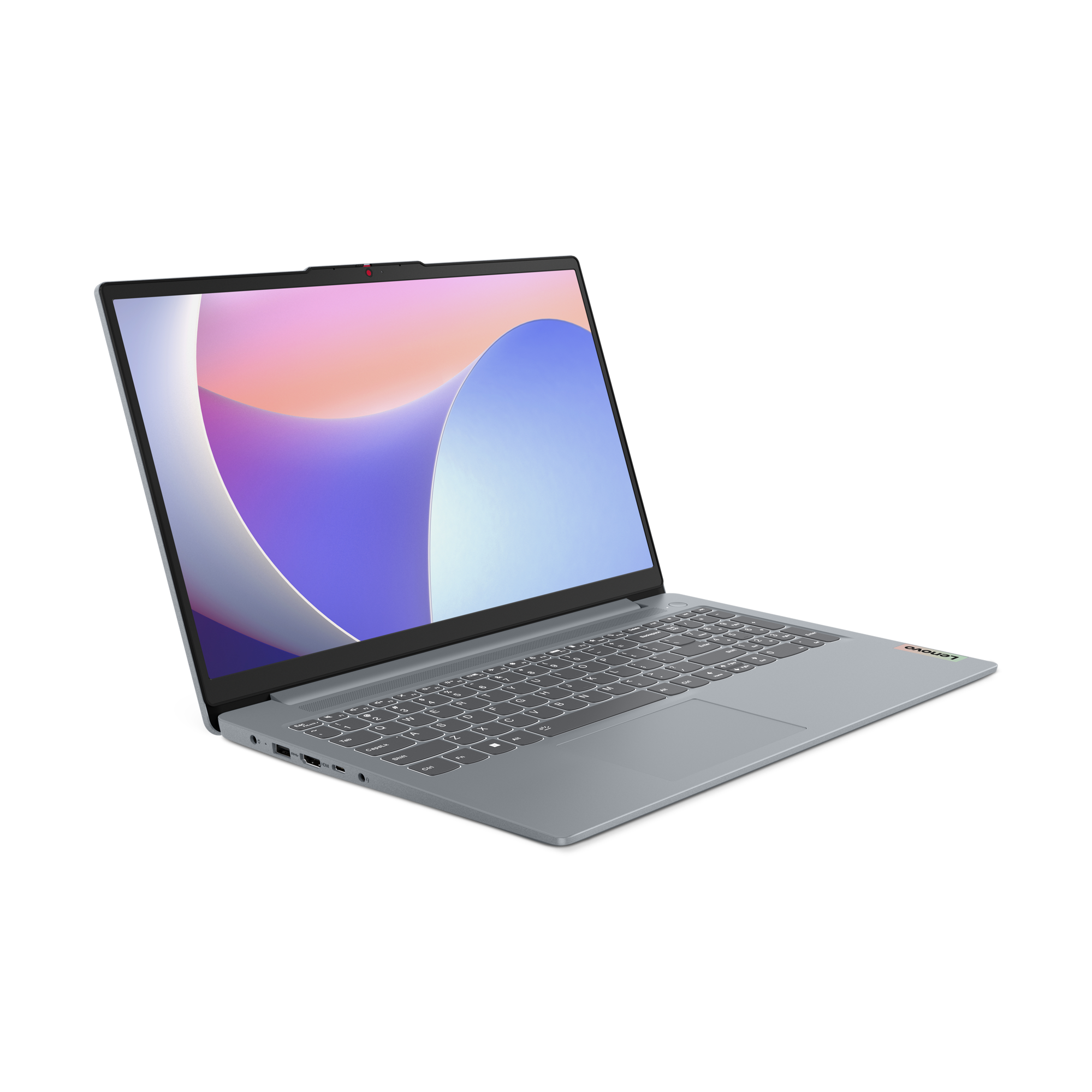 Gri bir Lenovo dizüstü bilgisayar açık, renkli bir ekran görüntülüyor. Klavye görünür ve arka plan gri.