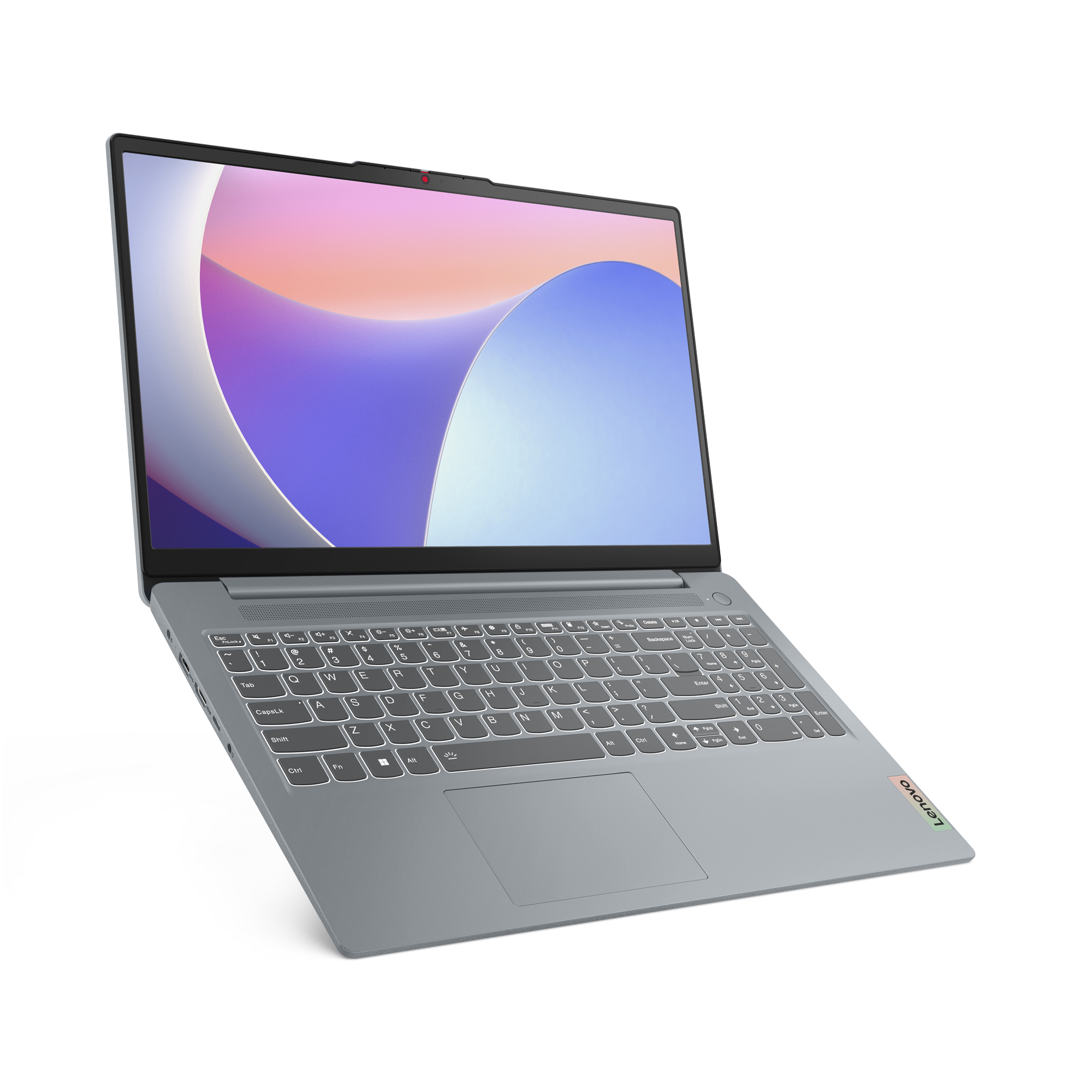 Gri bir Lenovo dizüstü bilgisayar açık, ekranda renkli soyut bir görüntü gösteriyor. Klavye görünür durumda.