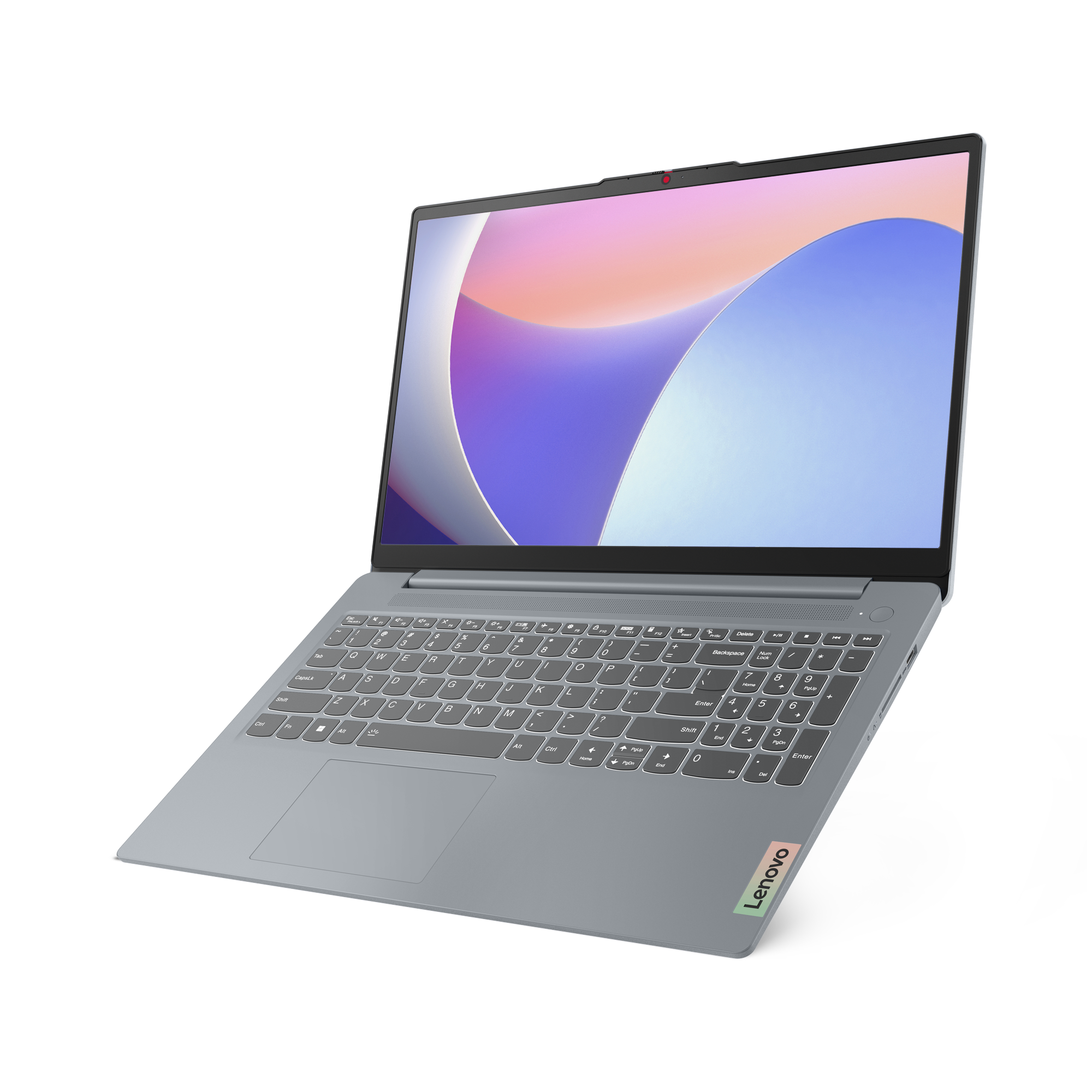 Gri bir Lenovo dizüstü bilgisayar açık, renkli bir ekran gösteriyor. Bir klavye ve bir Lenovo etiketi var.