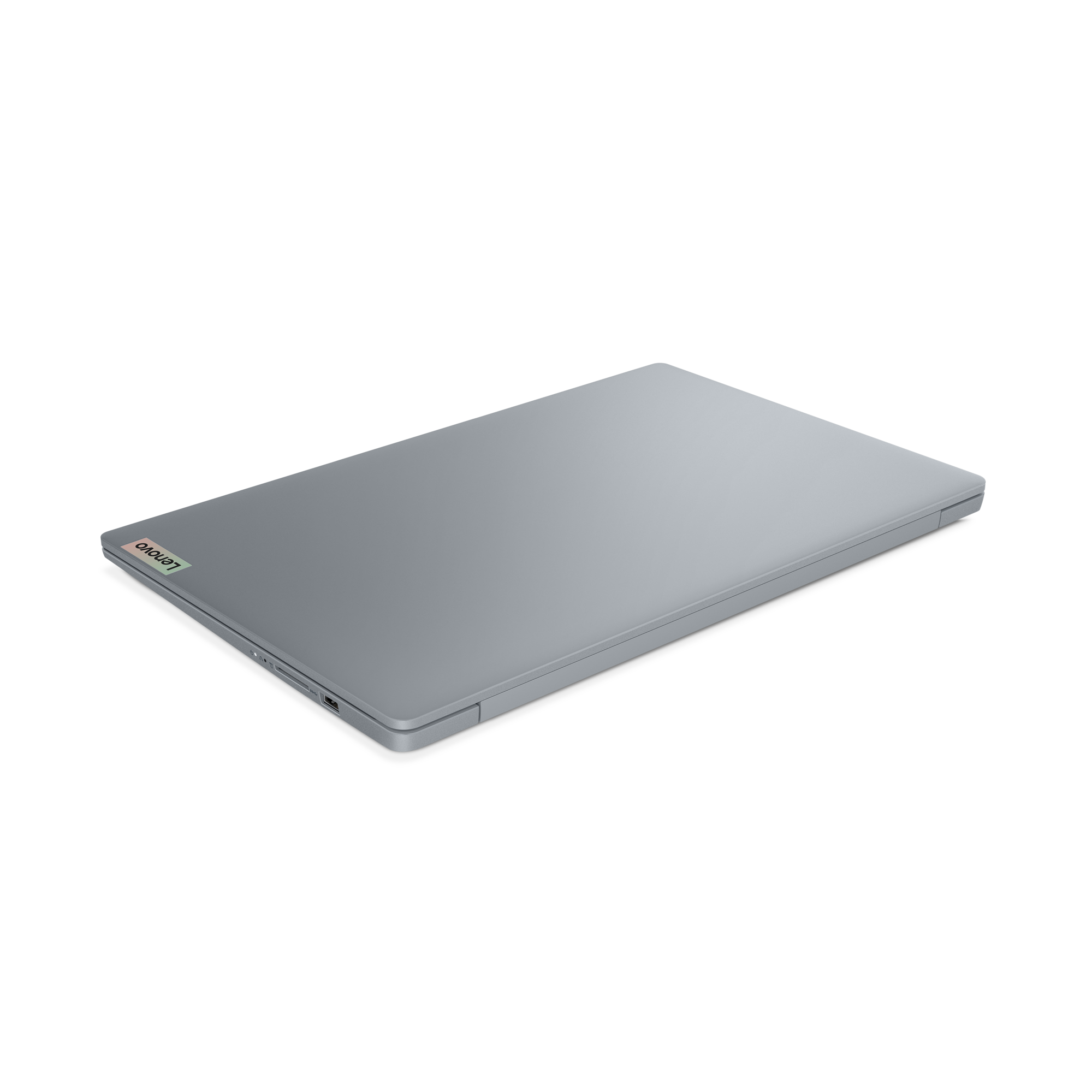 Köşesinde Lenovo logosu bulunan, kapalı gri bir dizüstü bilgisayar, gri arka plan.