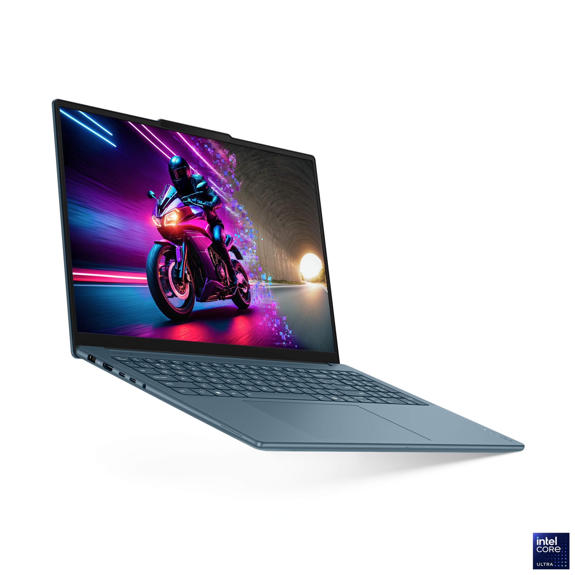 Dizüstü bilgisayar, motosiklet yarışını gösteriyor. Ekranda neon ışıklar. Dizüstü bilgisayar mavi, arka plan siyah.