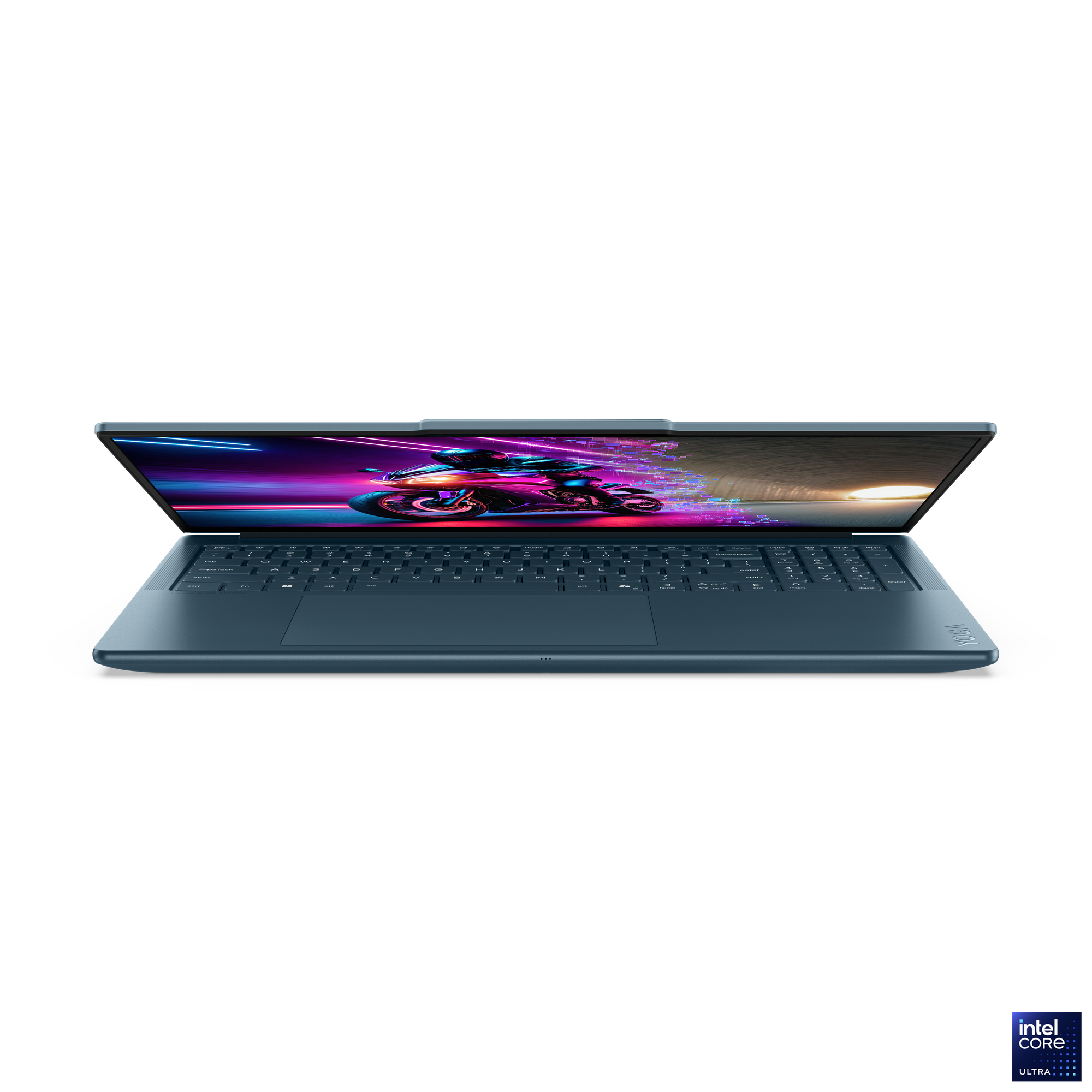 Ekranında motosiklet olan açık dizüstü bilgisayar. Siyah arka plan üzerinde turkuaz renkli dizüstü bilgisayar, Intel Core Ultra logosu.