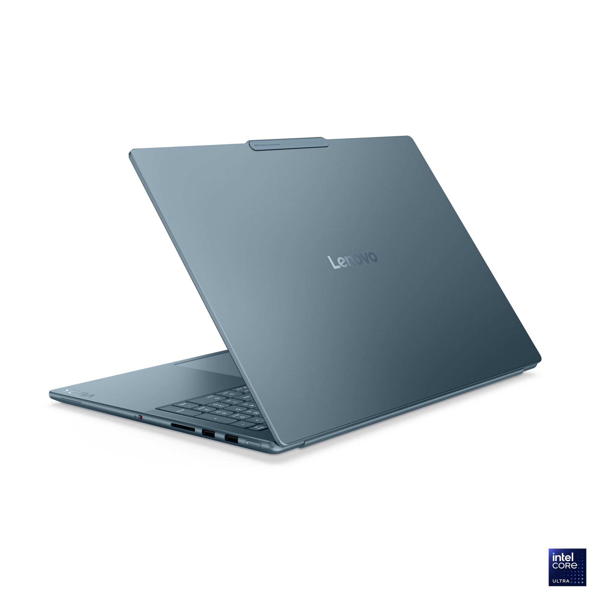 Mavi bir Lenovo dizüstü bilgisayar hafifçe açık, klavyeyi ve Lenovo logosunu gösteriyor. Arka plan siyah.