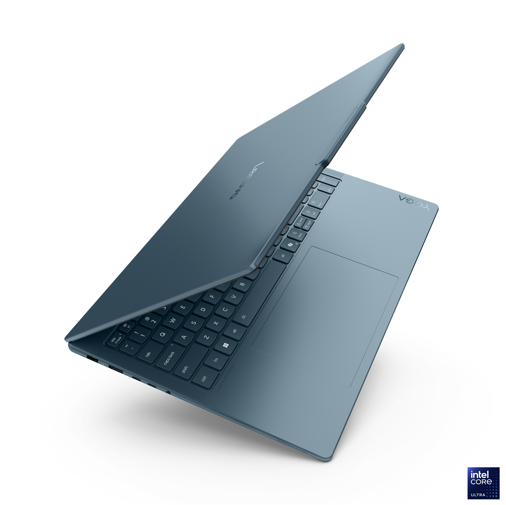 Mavi Lenovo Yoga dizüstü bilgisayar. Açık, klavye, dokunmatik yüzey ve ekranı gösteriyor. Siyah arka planda Intel Core Ultra logosu.