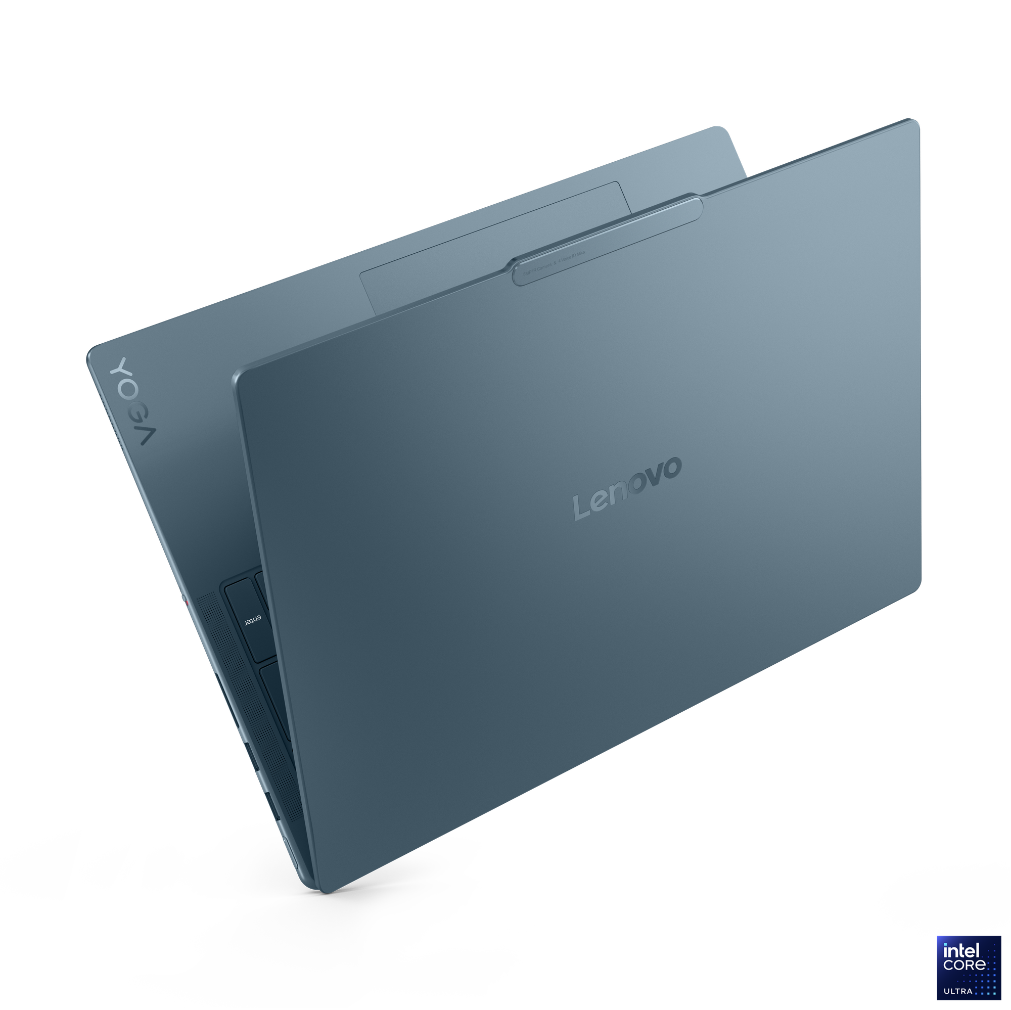 Siyah arka plan üzerinde mavi Lenovo Yoga dizüstü bilgisayar. Dizüstü bilgisayar hafifçe açık, klavye ve logo görünüyor.
