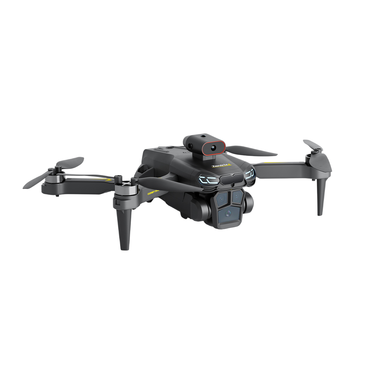 Dört pervaneli, çoklu kameralı ve kırmızı halkalı sensörlü siyah bir drone. Siyah bir arka plan üzerinde.