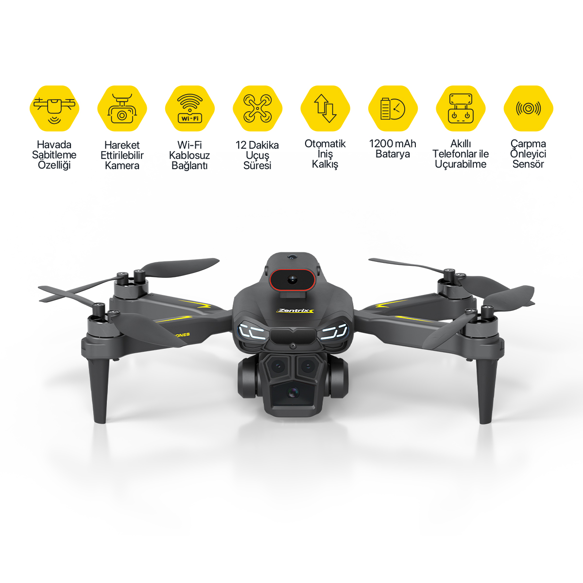Sarı detaylara sahip koyu renkli bir drone ortalanmıştır. Üstteki simgeler Wi-Fi, 12 dakika uçuş ve akıllı telefon kontrolü gibi özellikleri gösterir.