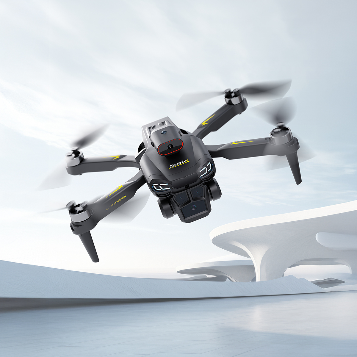 Siyah bir Zentrix marka drone havada uçuyor. Arka planda modern beyaz bir bina ve bulutlu bir gökyüzü görülüyor.