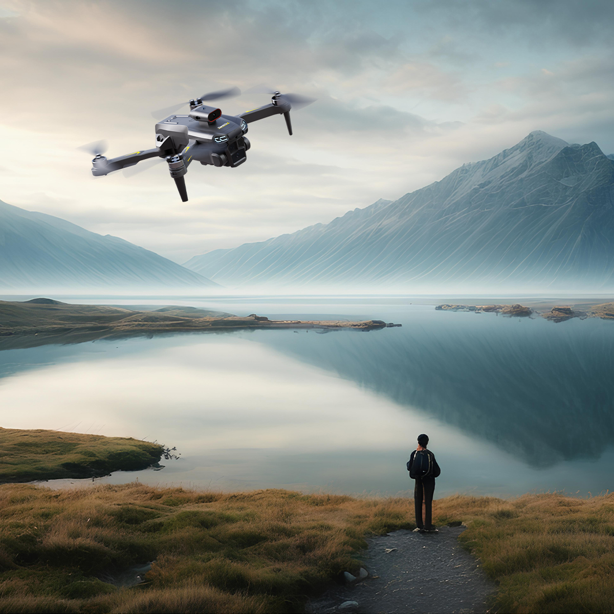 Bir drone, arka planda dağlar olan bir gölün üzerinde uçuyor. Bir kişi, drone'a bakan bir patikada duruyor.
