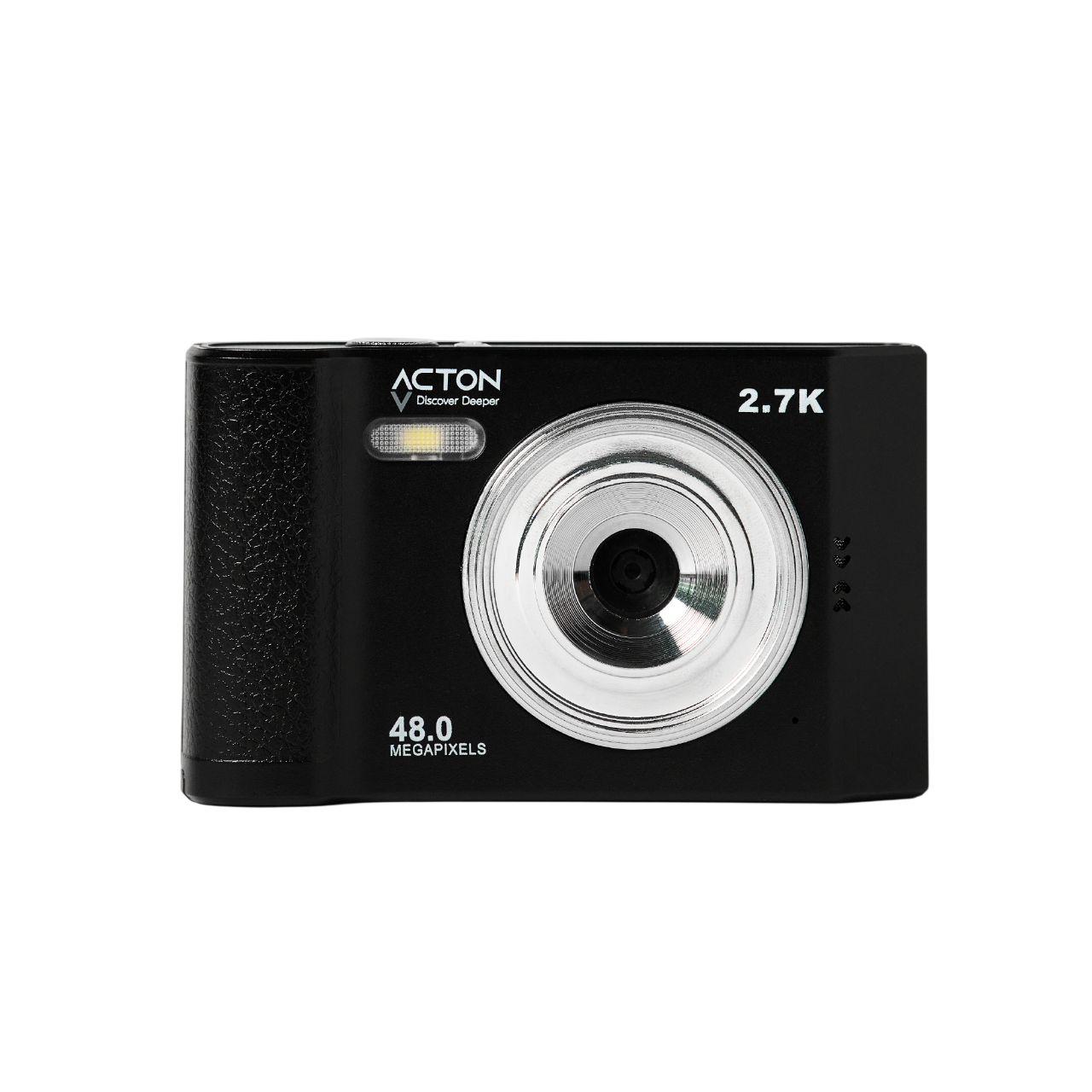 Siyah bir Acton dijital kamera. Lens, flaş ve 48,0 megapiksele sahip. Arka plan düz siyah.