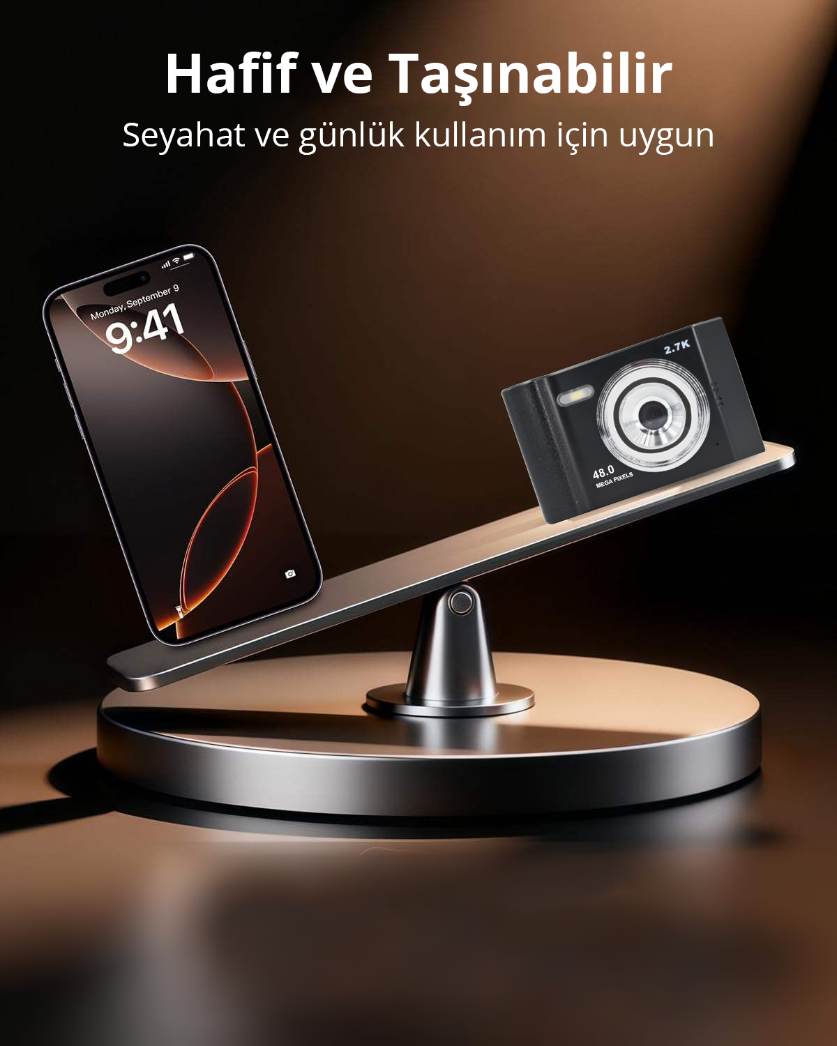 Bir telefon ve bir kamera terazide dengede. Telefon zamanı gösteriyor, diğer tarafta dijital bir kamera var. Türkçe metin.