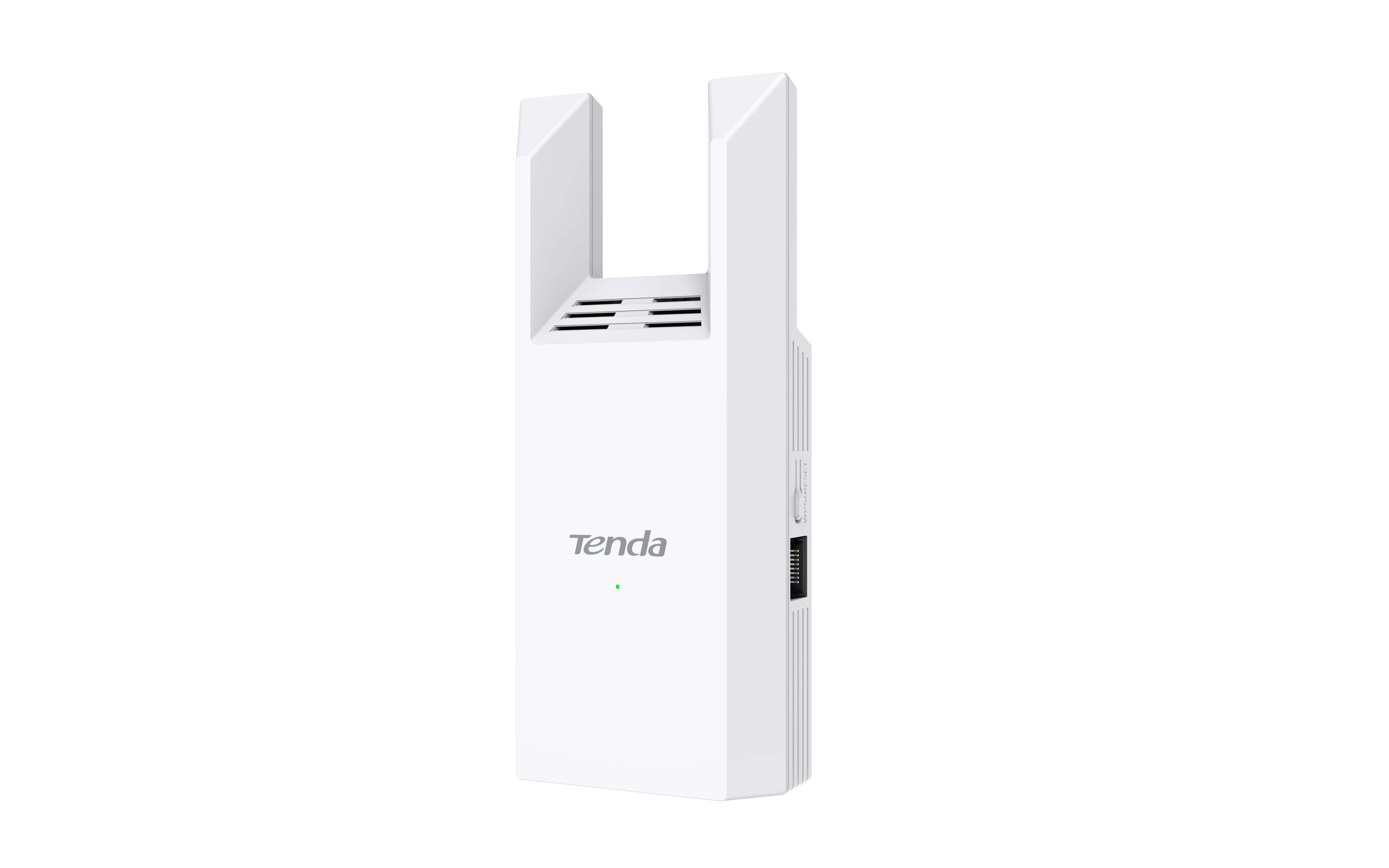 İki dikey antenli beyaz bir Tenda WiFi genişletici. Cihazda Tenda logosu ve yeşil bir ışık var.