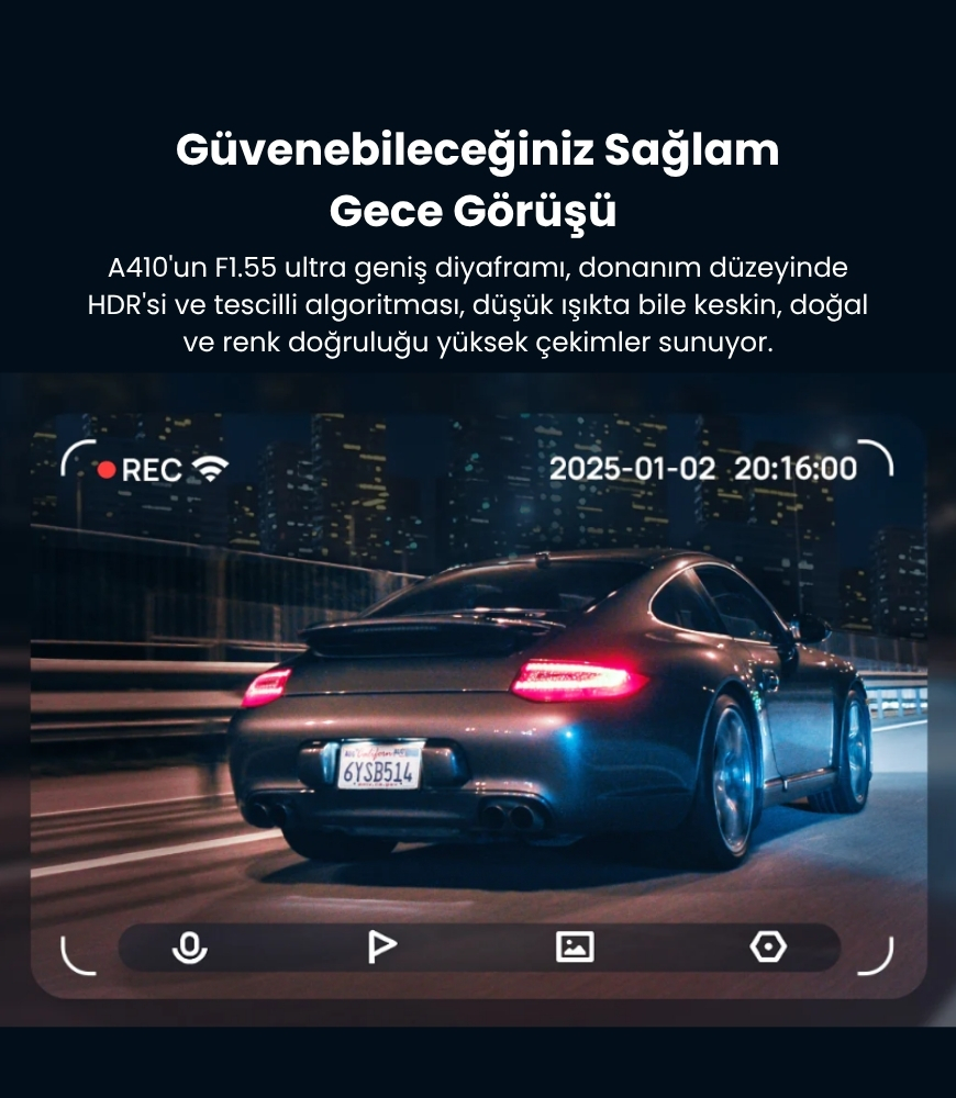 Geceleri yolda koyu renk bir araba. Plaka görünür durumda. Bir ekran tarih ve saati gösteriyor. Metin: Gece Görüşü.