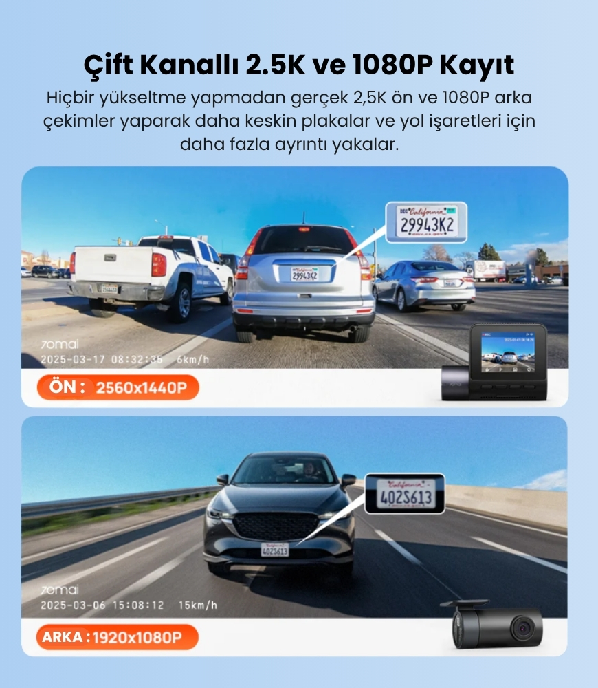 Görüntü, ön ve arka görünümleri kaydeden bir araç kamerası gösteriyor. Plakaları, hızı ve video çözünürlüğü ayrıntılarını içerir.