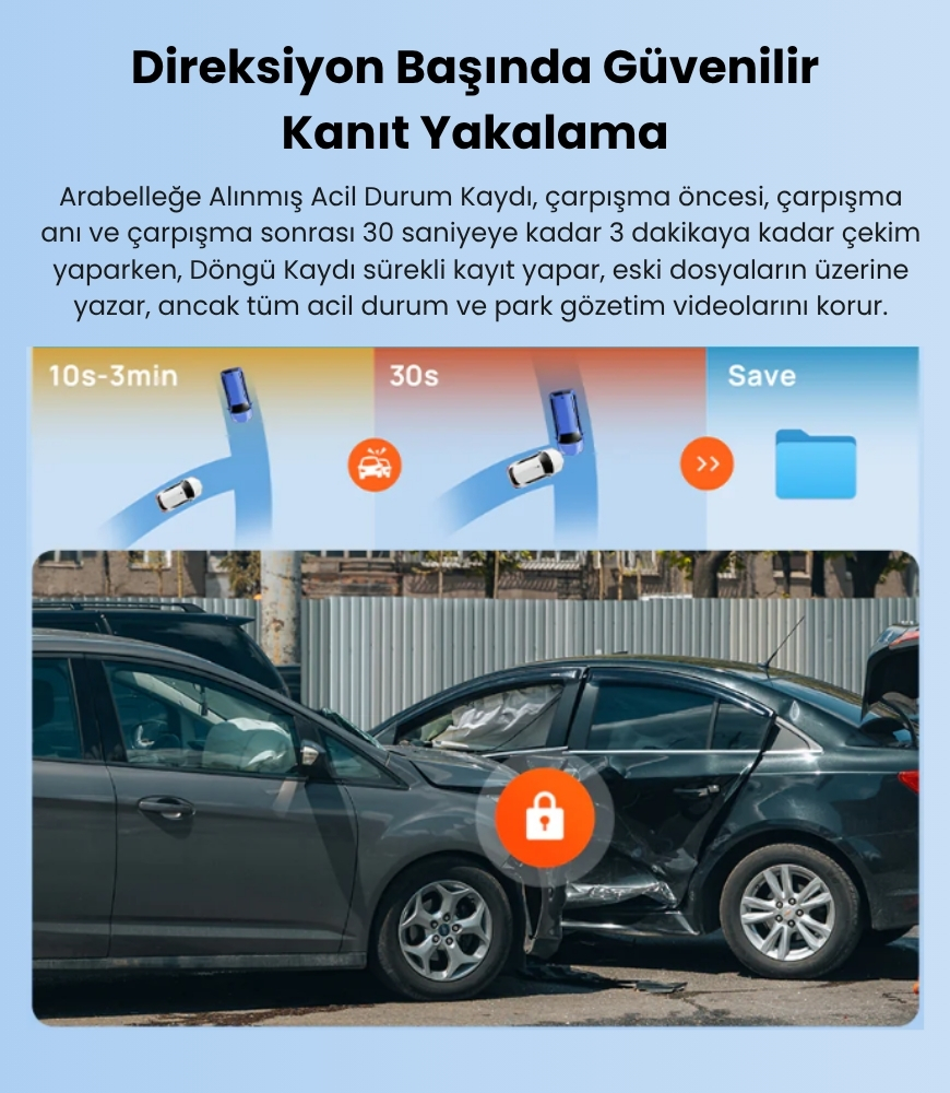 Görsel, kayıt hakkında metin içeren bir araba kazasını gösteriyor. İki araba hasar görmüş, bir kilit simgesi mevcut.