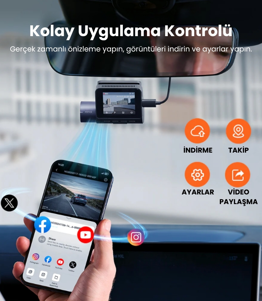 Bir araç kamerası, video paylaşım seçeneklerini gösteren bir telefona bağlı. İndirme, takip, ayarlar ve video paylaşımı için simgeler mevcut.