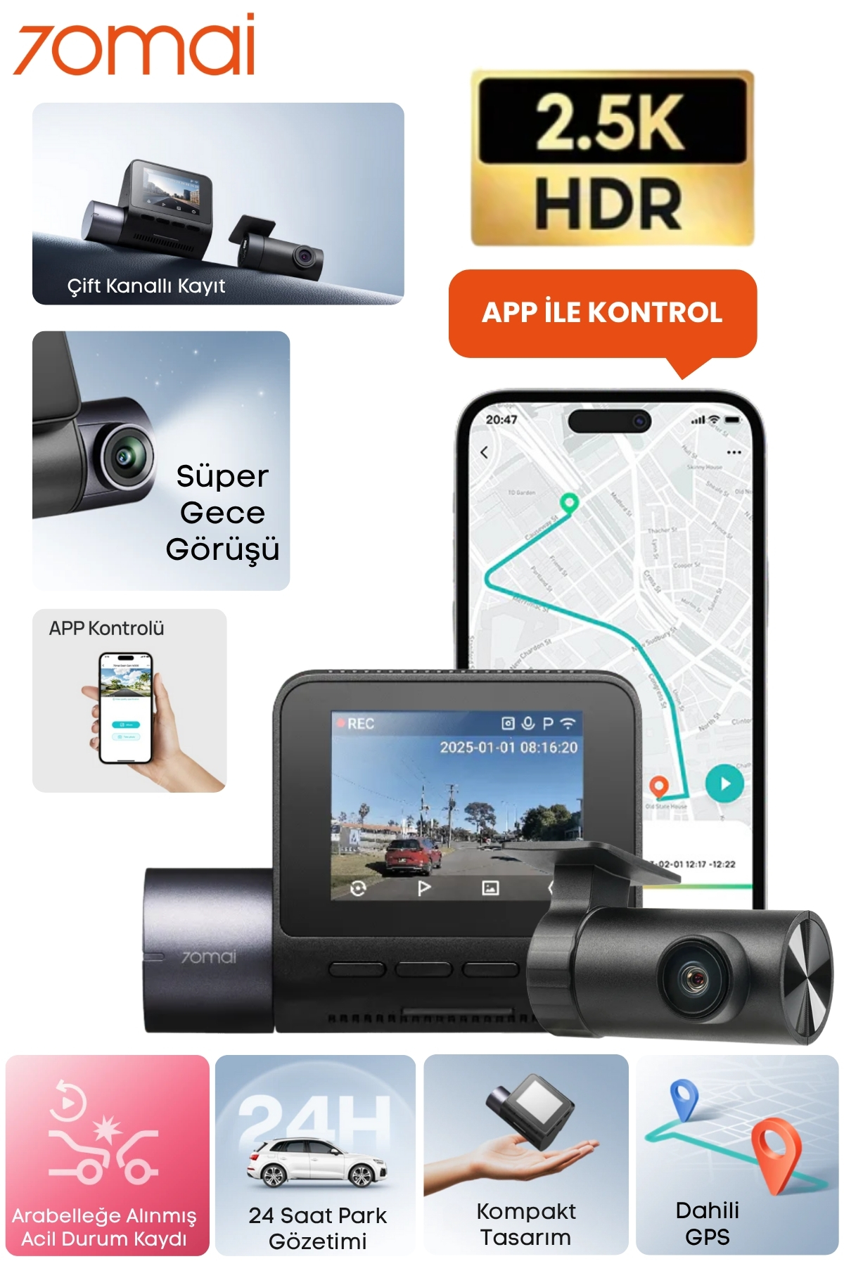 Görüntü, çift kanal kaydı, 2.5K HDR, uygulama kontrolü ve GPS gibi özelliklere sahip bir araç kamerası gösteriyor. Ayrıca harita içeren bir telefon da gösteriyor.
