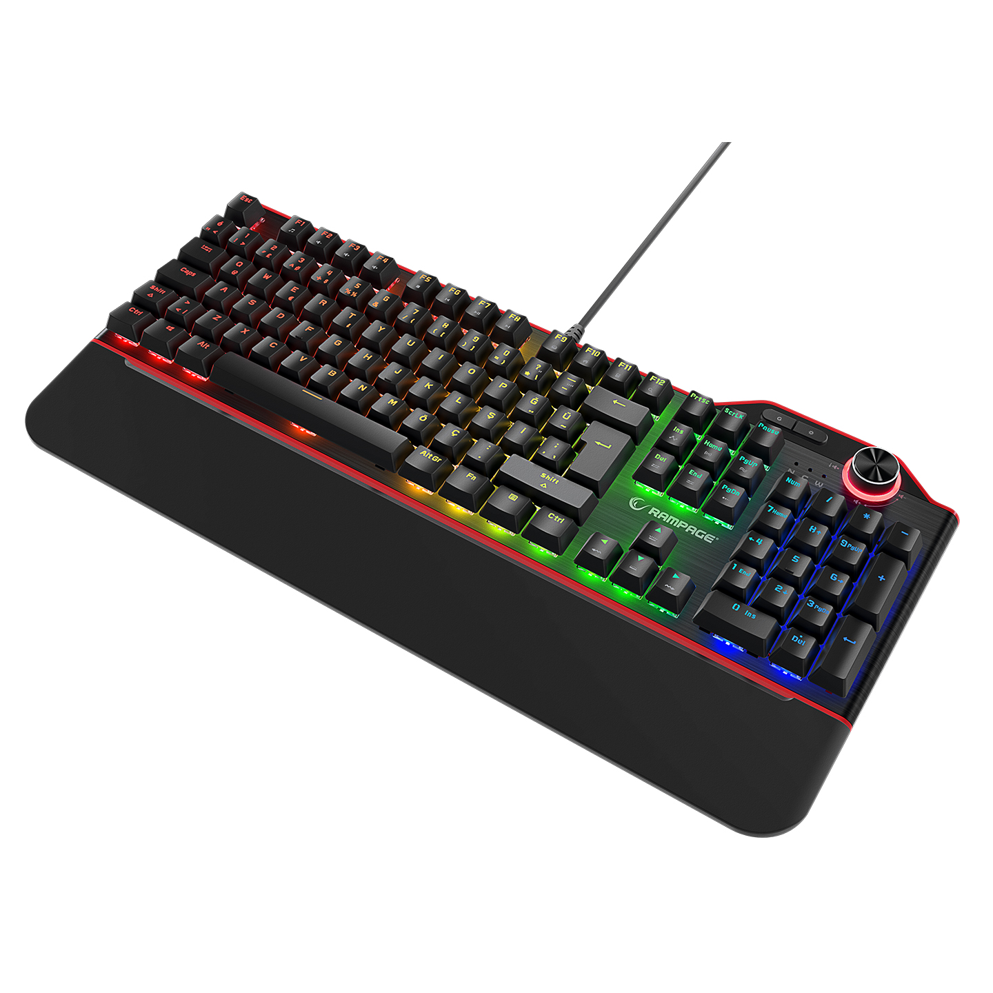 RGB aydınlatmalı siyah oyun klavyesi. Tuşlar etiketlidir. Bir ses kontrol tekerleği ve bir kablo içerir.